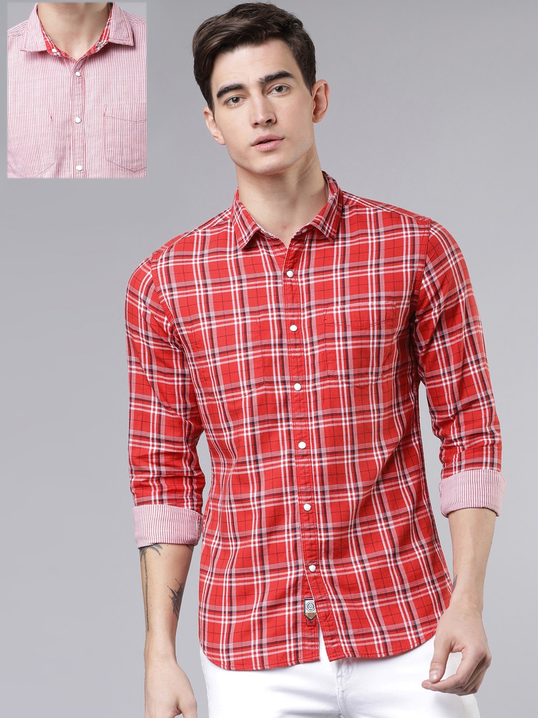 

LOCOMOTIVE Men Red & White Slim Fit Striped Reversible Casual Shirt