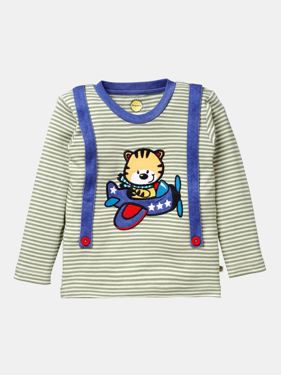 

Pranava Boys Green White Striped Round Neck Organic Cotton T-shirt