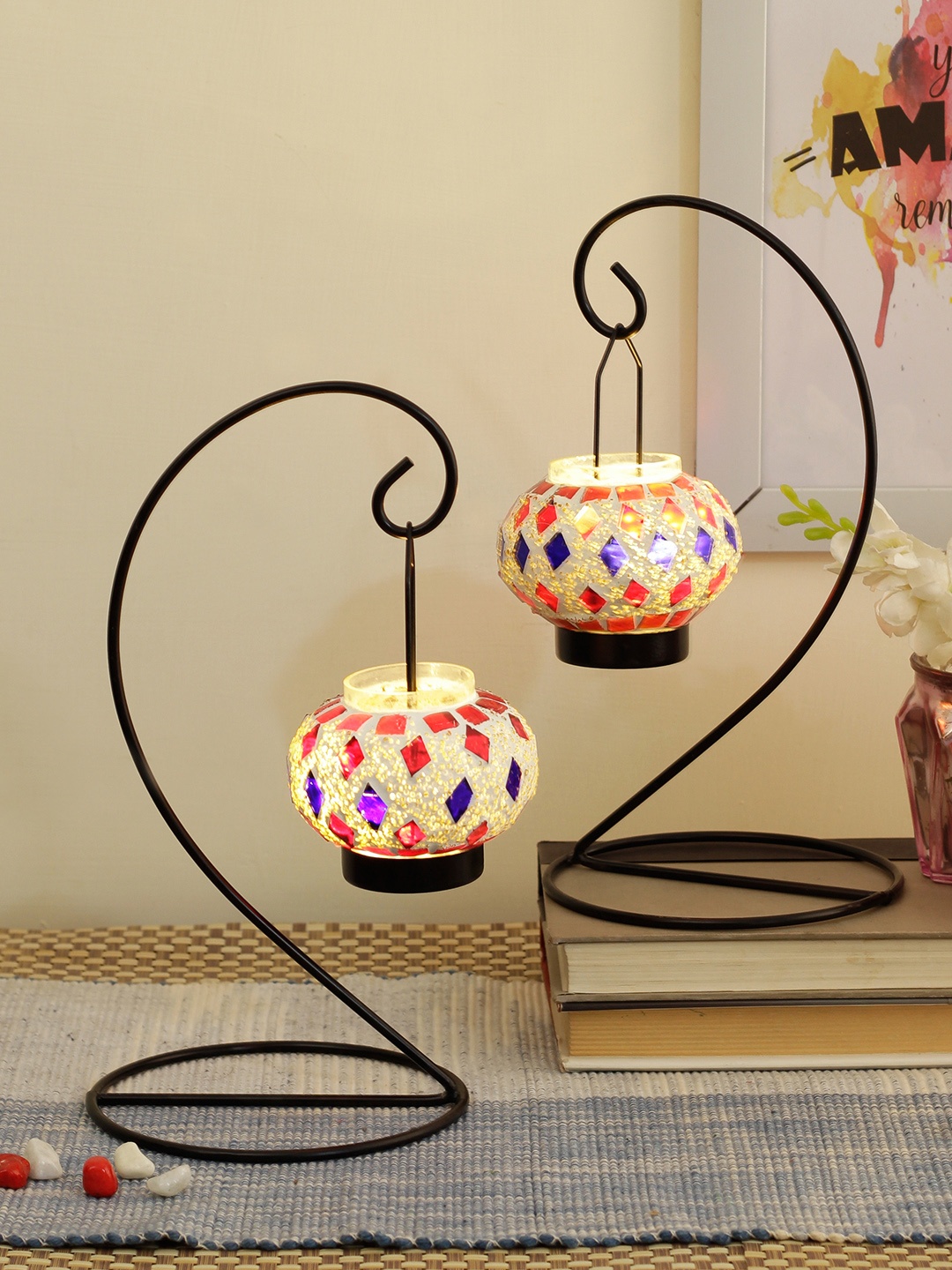 

TIED RIBBONS Set of 2 White & Black Tealight Candle Holder With Metal Frame