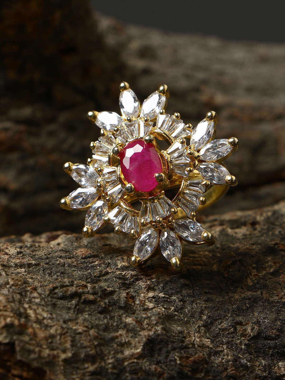 Bhana Fashion Gold-Plated & Magenta AD-Studded Handcrafted Finger Ring