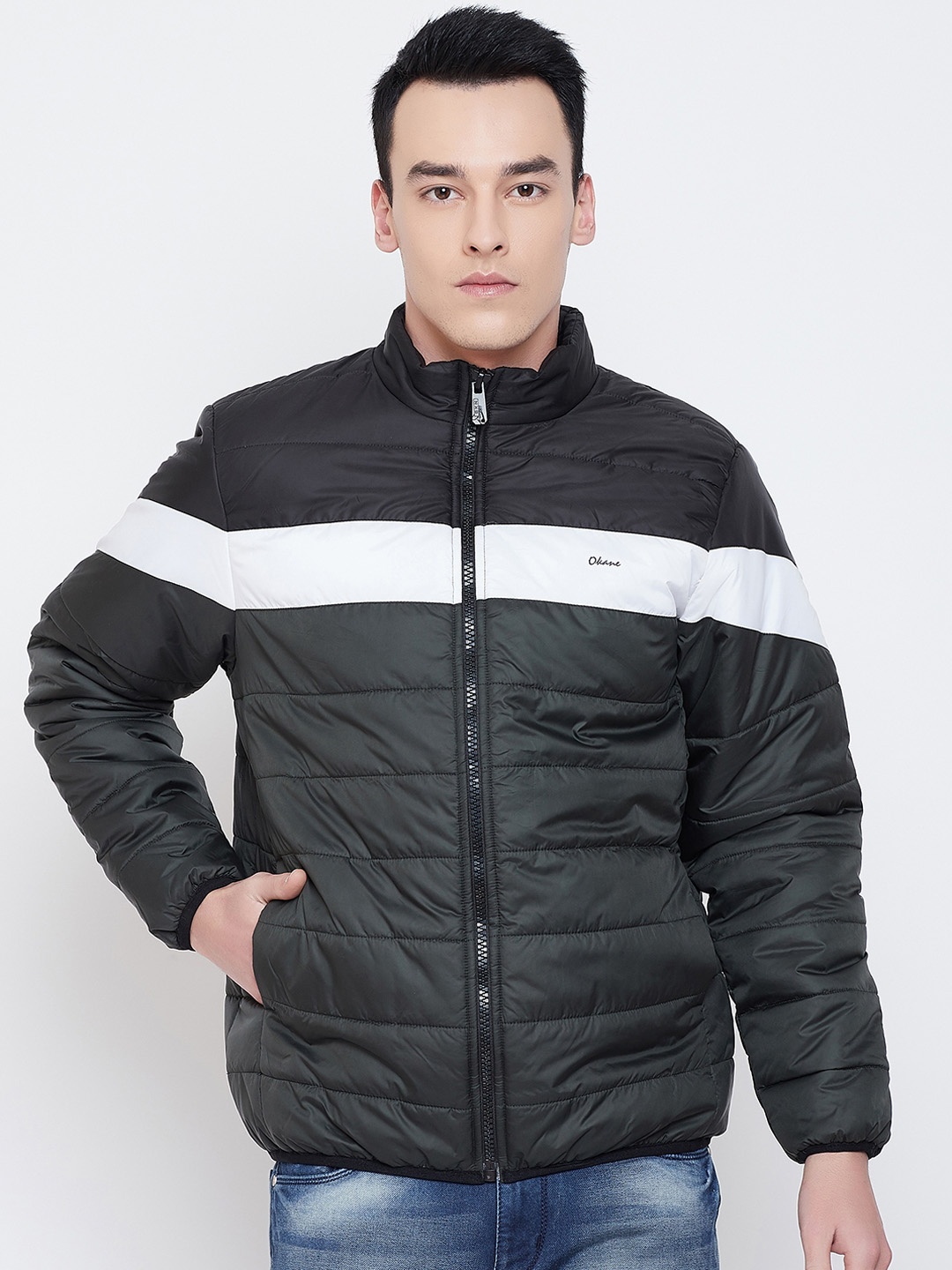 

Okane Men Olive Green Colourblocked Puffer Jacket