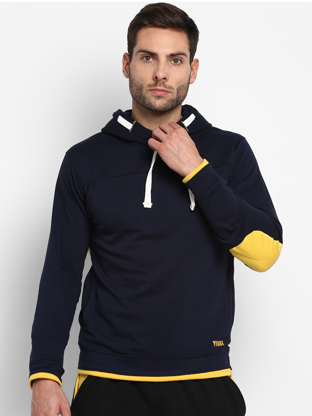 

Yuuki Men Navy Blue Solid Hooded Sweatshirt