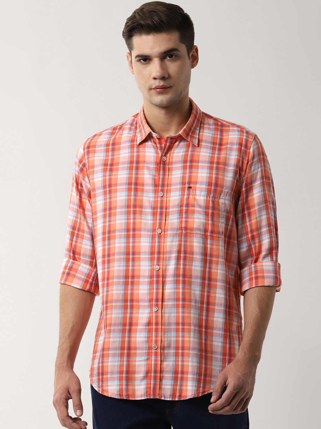 

Peter England Casuals Men Orange & White Slim Fit Checked Casual Shirt