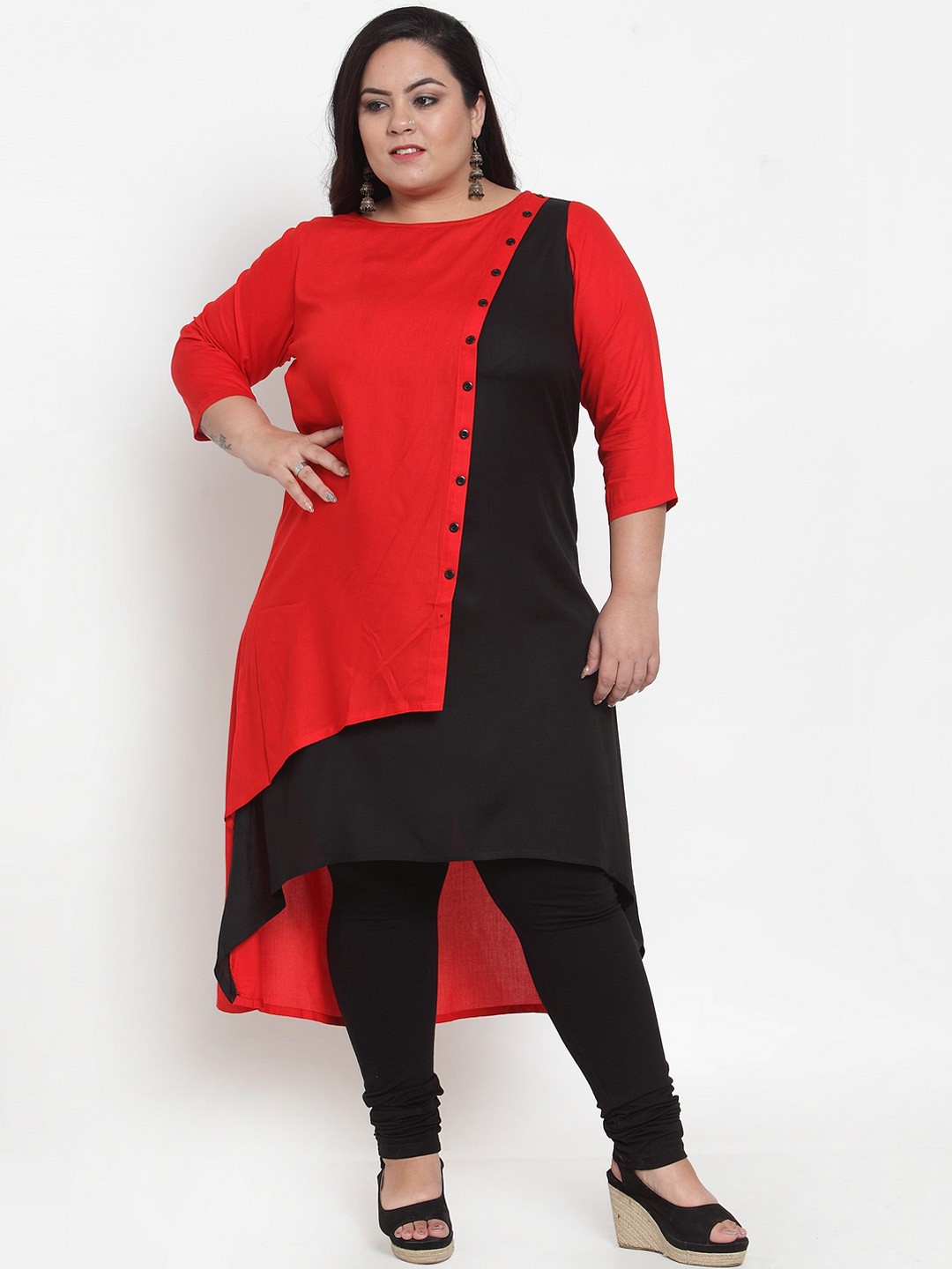 

plusS Women Red & Black Colourblocked A-Line Kurta