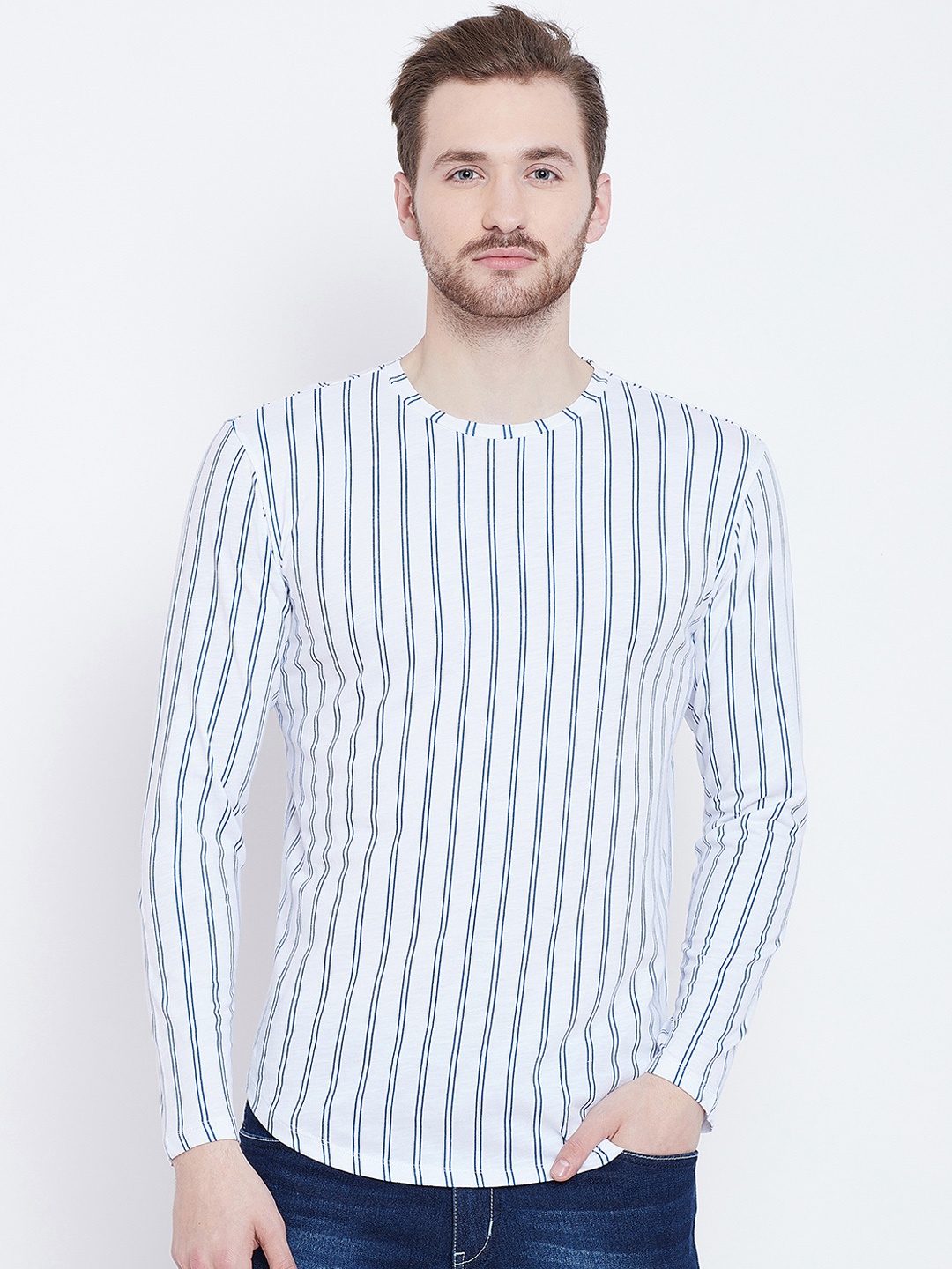 

LE BOURGEOIS Men Blue Striped Round Neck Pure Cotton T-shirt