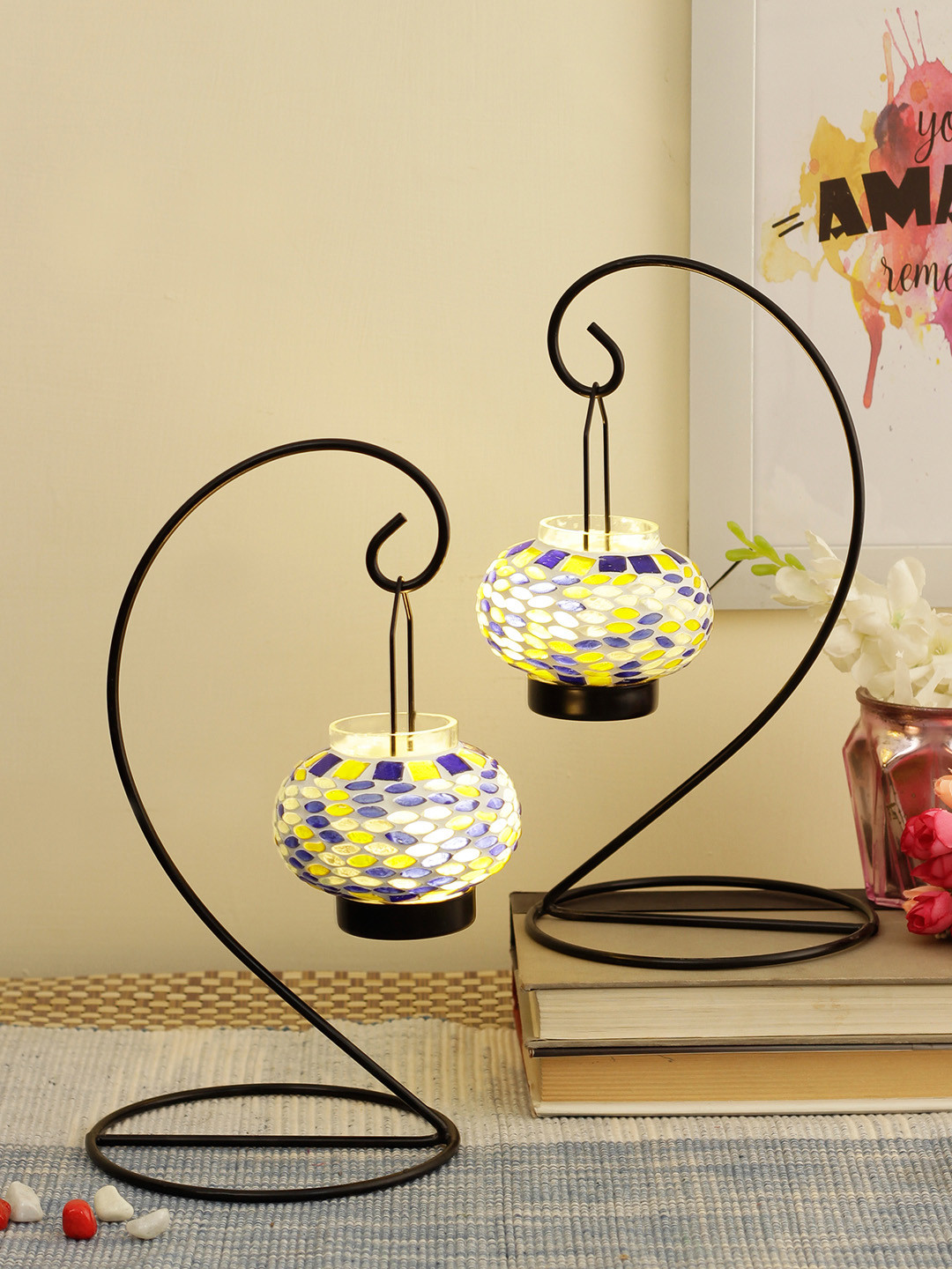 

TIED RIBBONS Set of 2 White & Black Tealight Candle Holder With Metal Frame