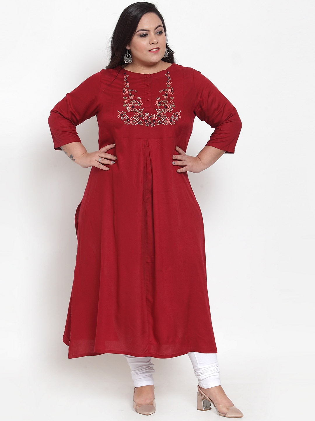 

plusS Women Maroon Floral Embroidered A-Line Kurta