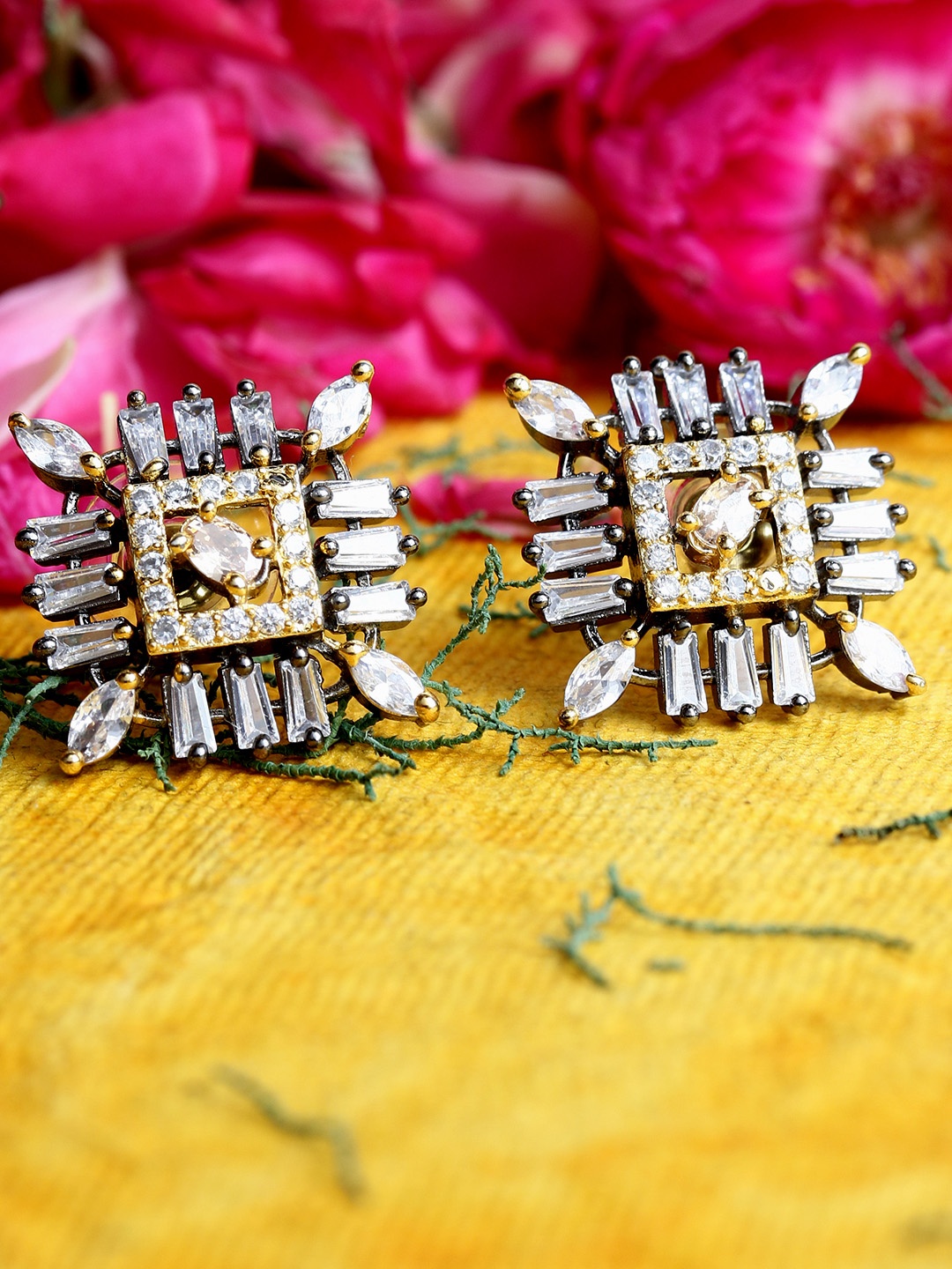 

Bhana Fashion Gunmetal-Toned American Diamond Rhodium-Plated Diamond Shaped Studs, Metallic