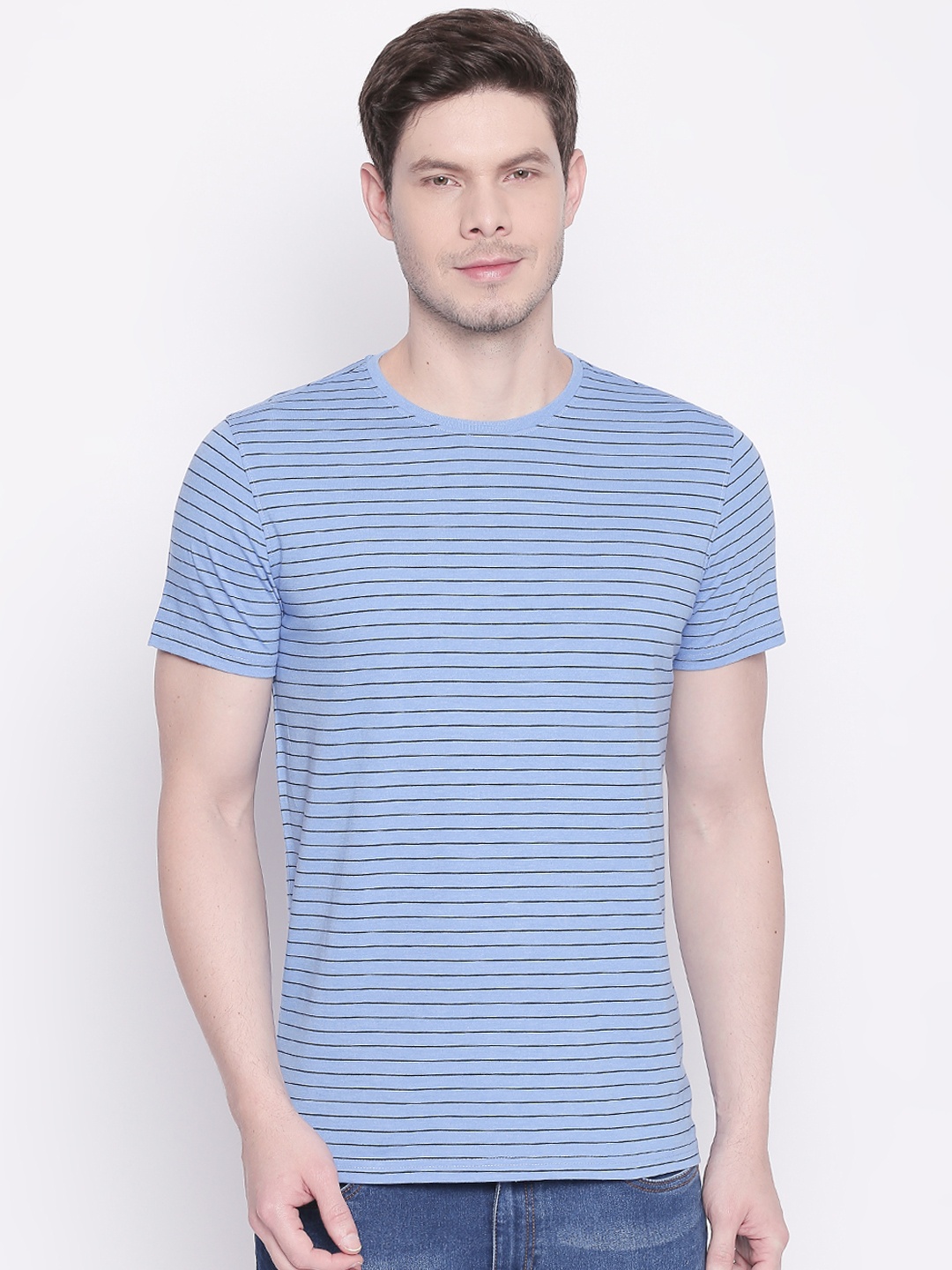 

BYFORD by Pantaloons Men Blue Striped Round Neck T-shirt