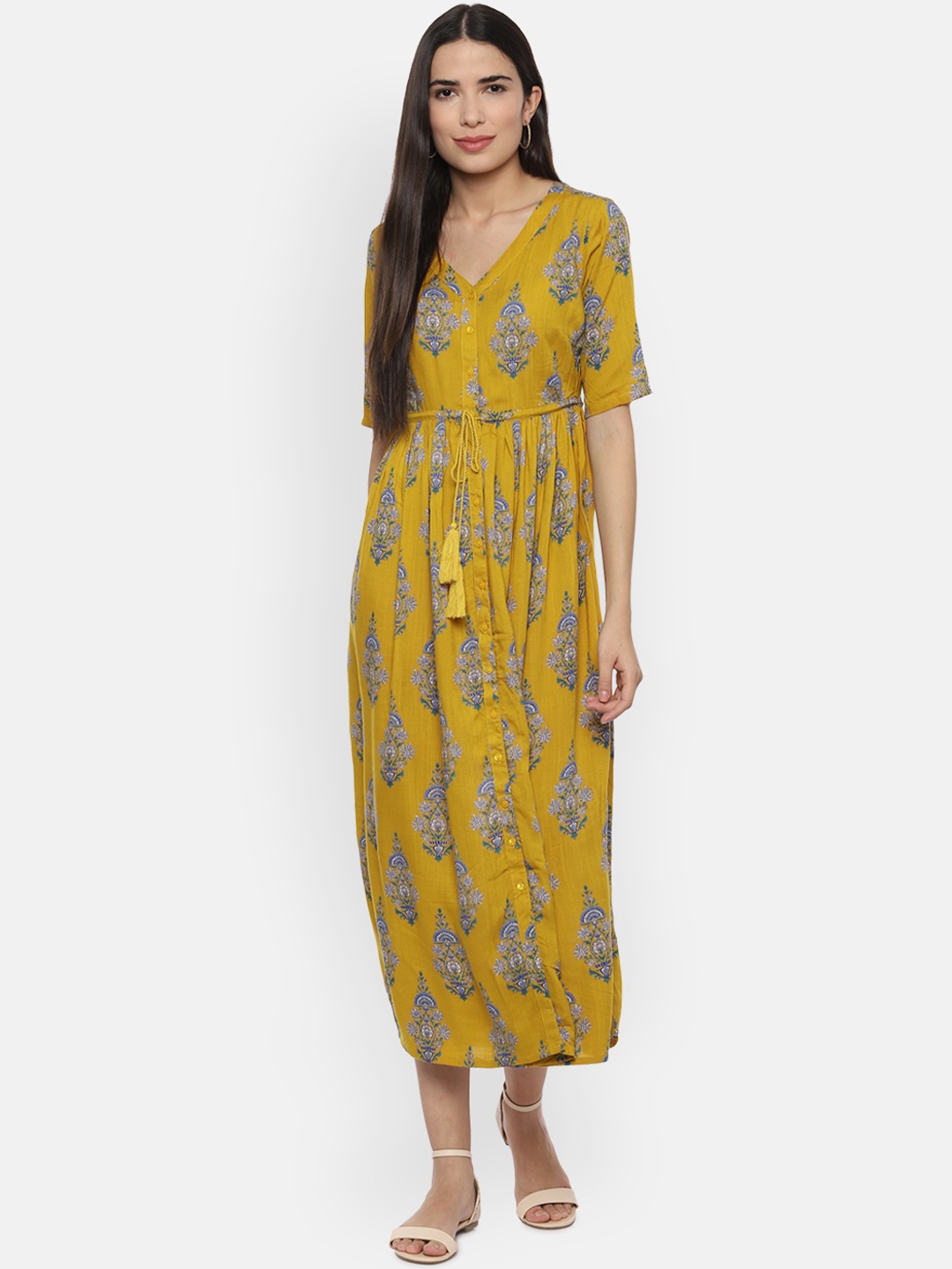 

People Women Yellow & Blue Printed Fit and Flare Dress