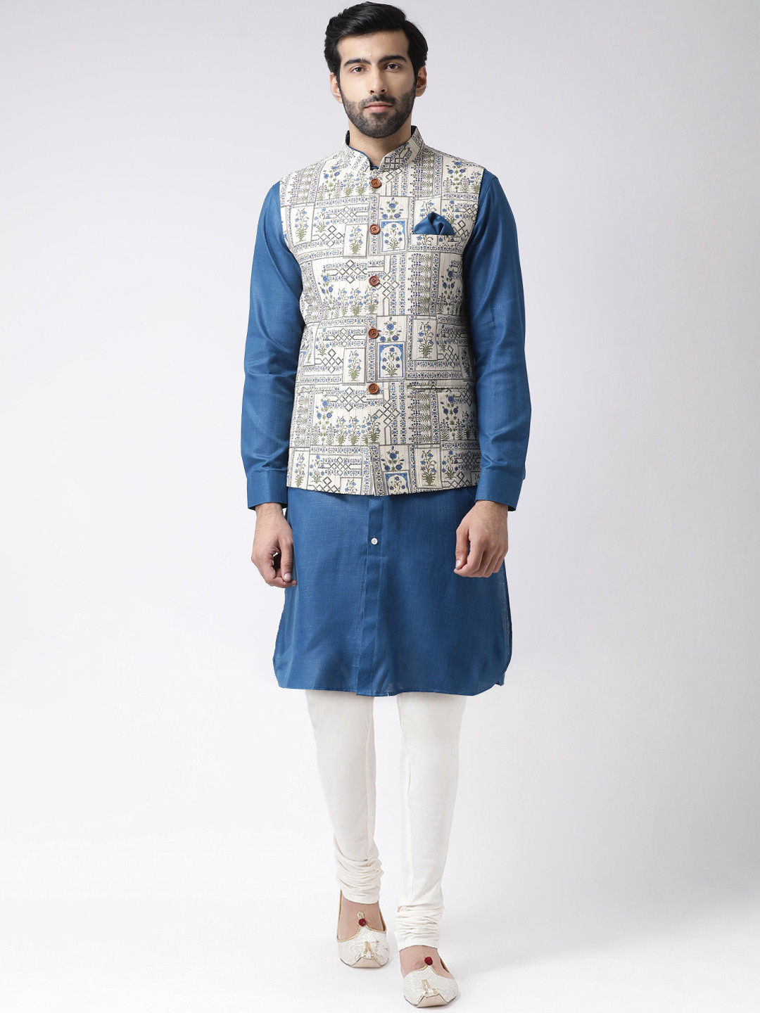 

KISAH Men Blue & White Printed Kurta & Churidar with Nehru Jacket