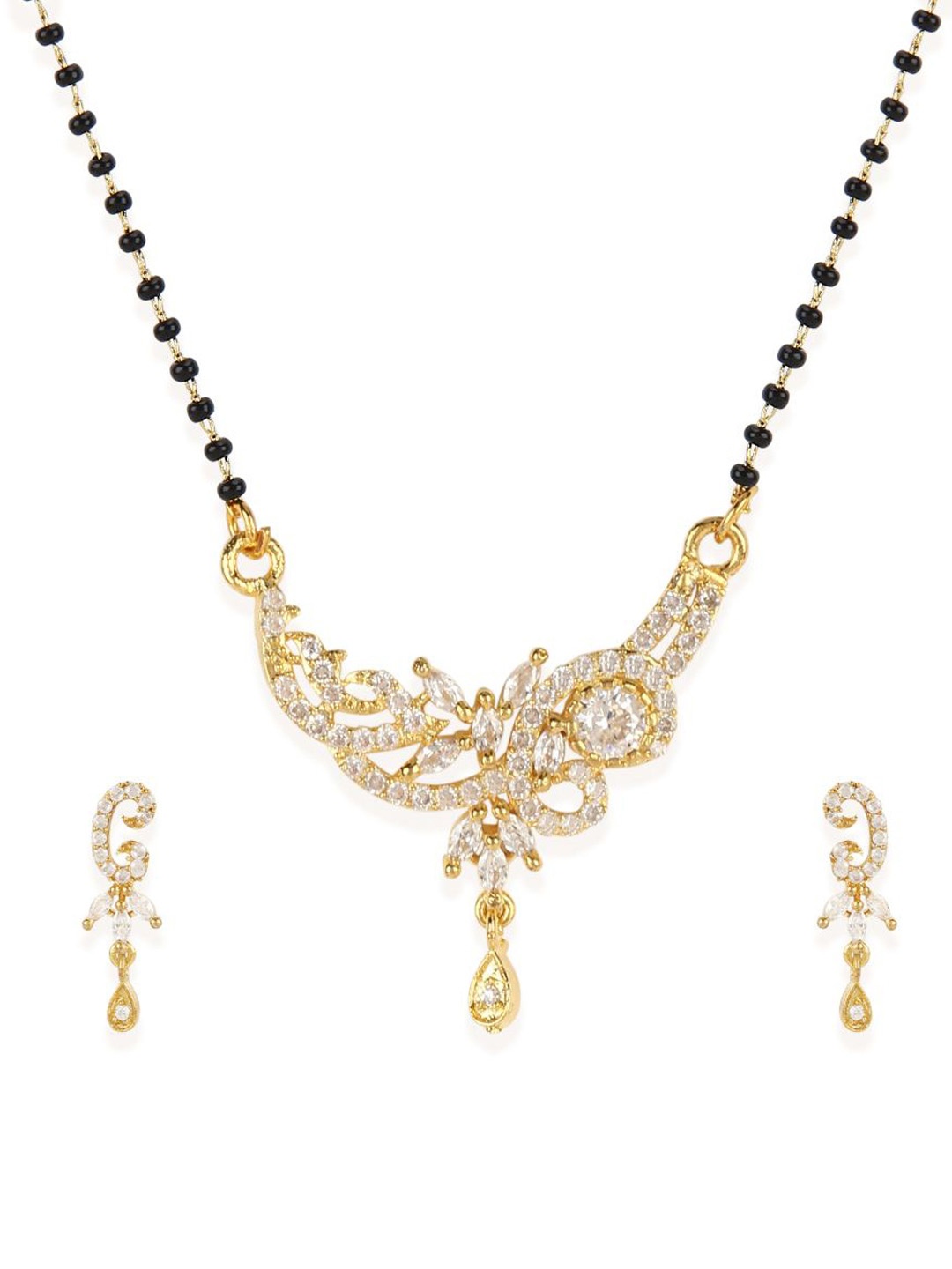

Bhana Fashion Gold-Plated & Black Beaded AD-Studded Mangalsutra With Earrings