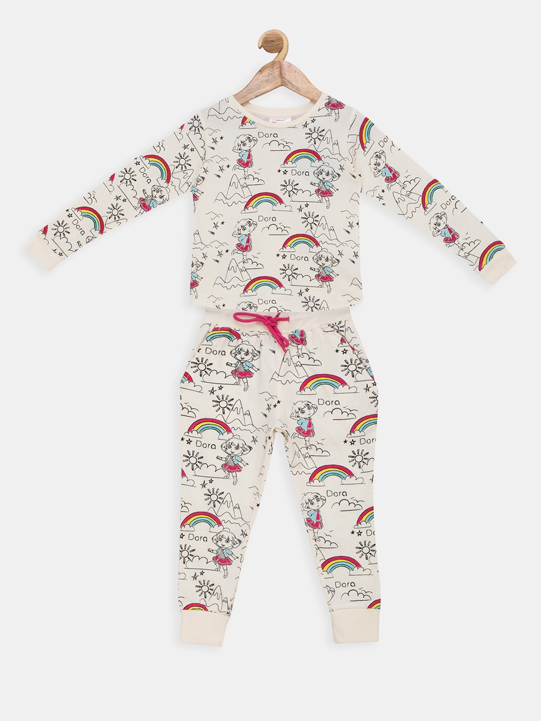 

toothless Girls Off-White & Black Printed Night suit