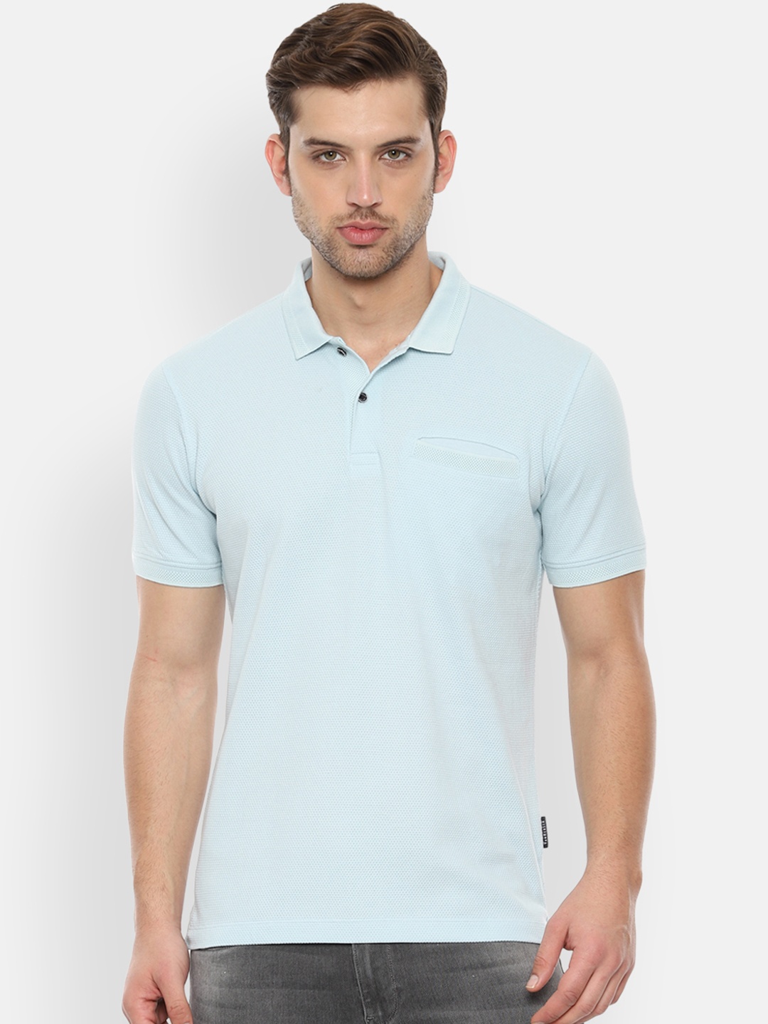 

Van Heusen Men Blue Self Design Polo Collar Pure Cotton T-shirt
