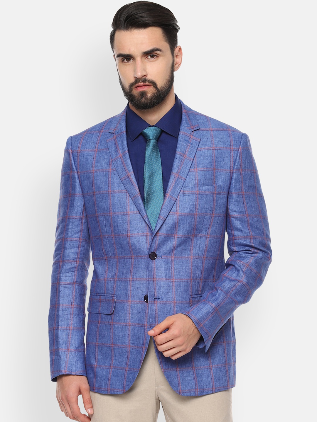 

Van Heusen Men Blue Checked Single Breasted Pure Linen Slim Fit Blazer