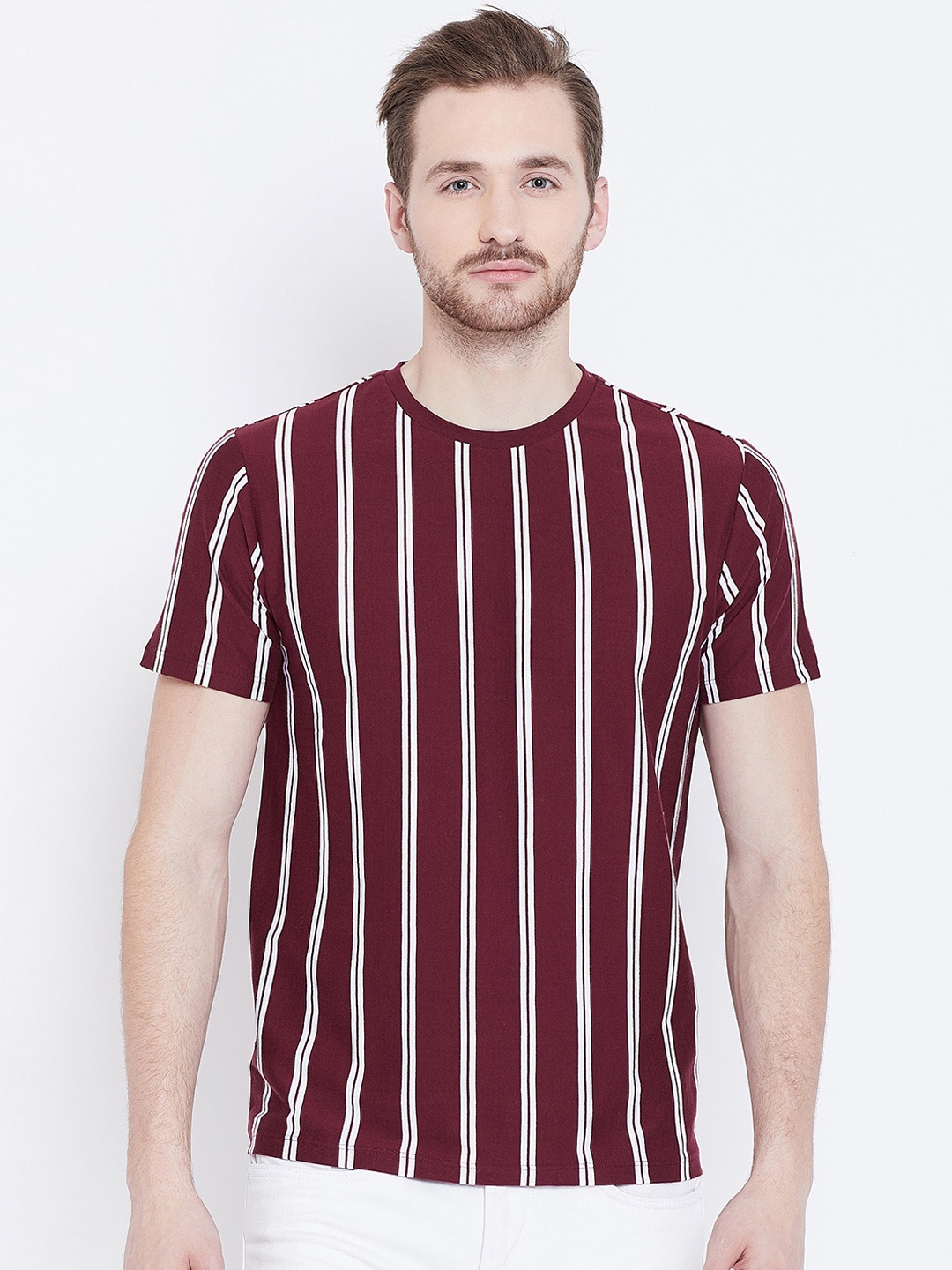 

LE BOURGEOIS Men Maroon Striped Round Neck Pure Cotton T-shirt