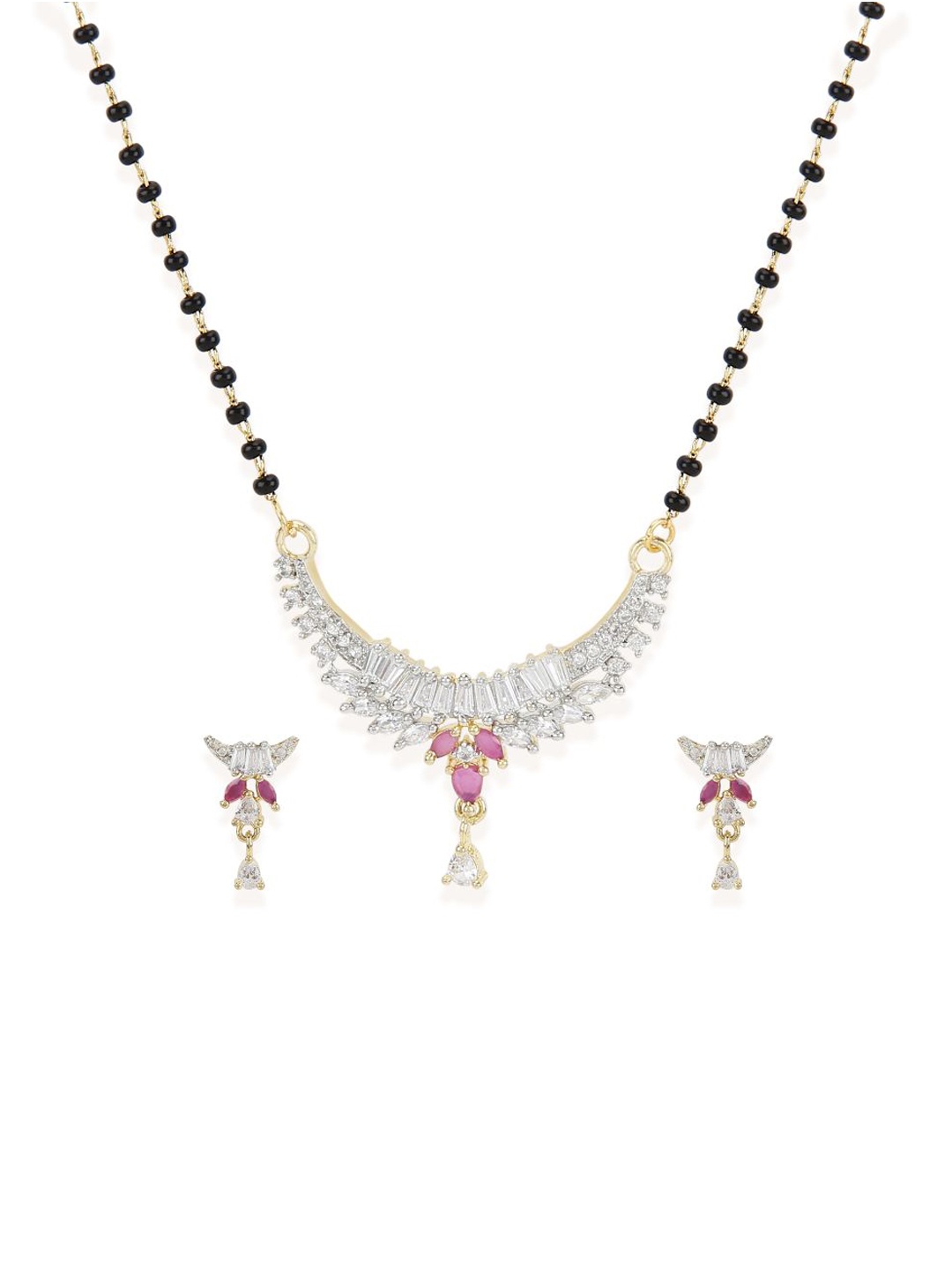 

Bhana Fashion Gold-Plated & Magenta Beaded AD-Studded Mangalsutra With Earrings