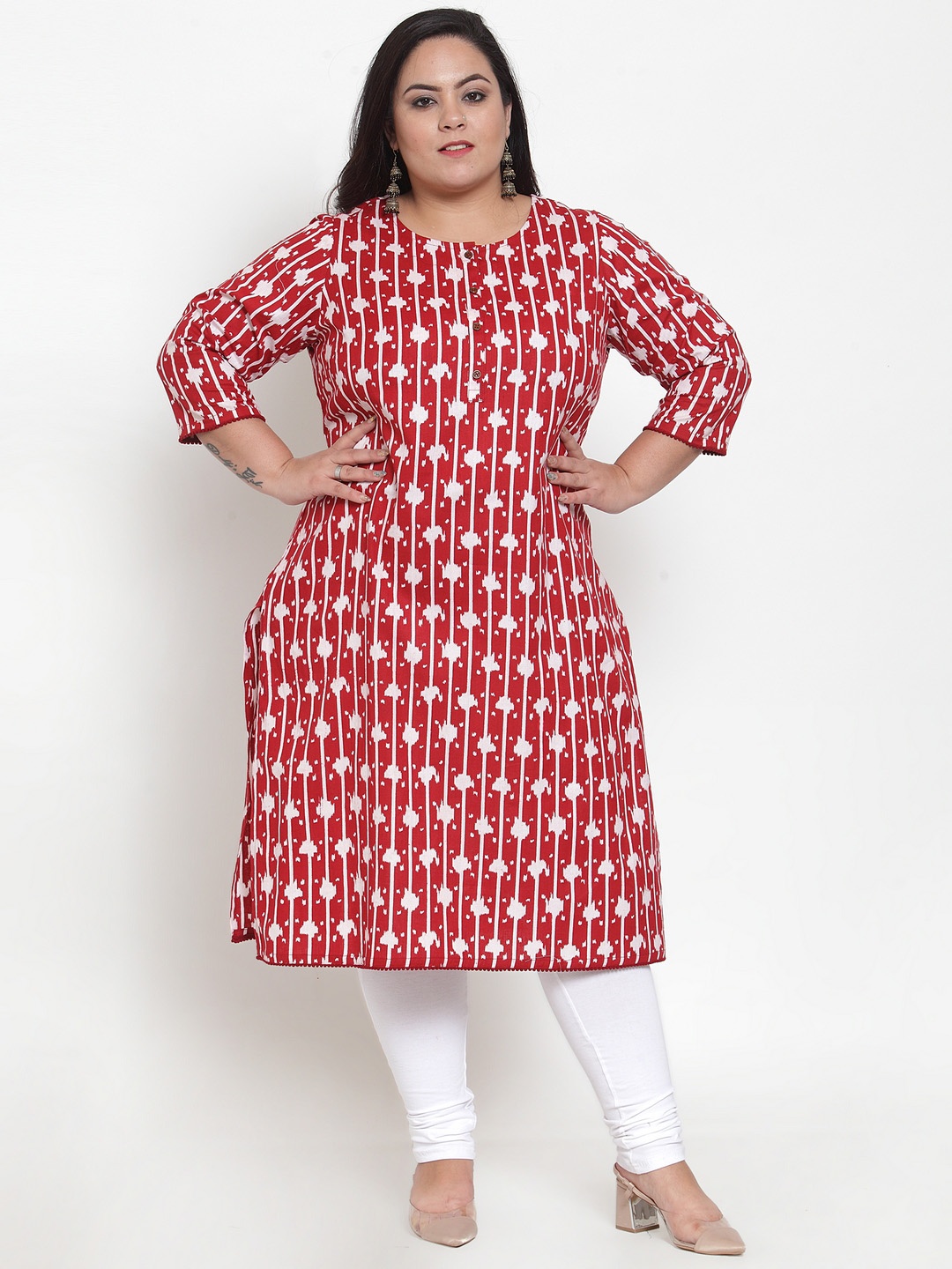 

plusS Women Red & White Printed Straight Kurta
