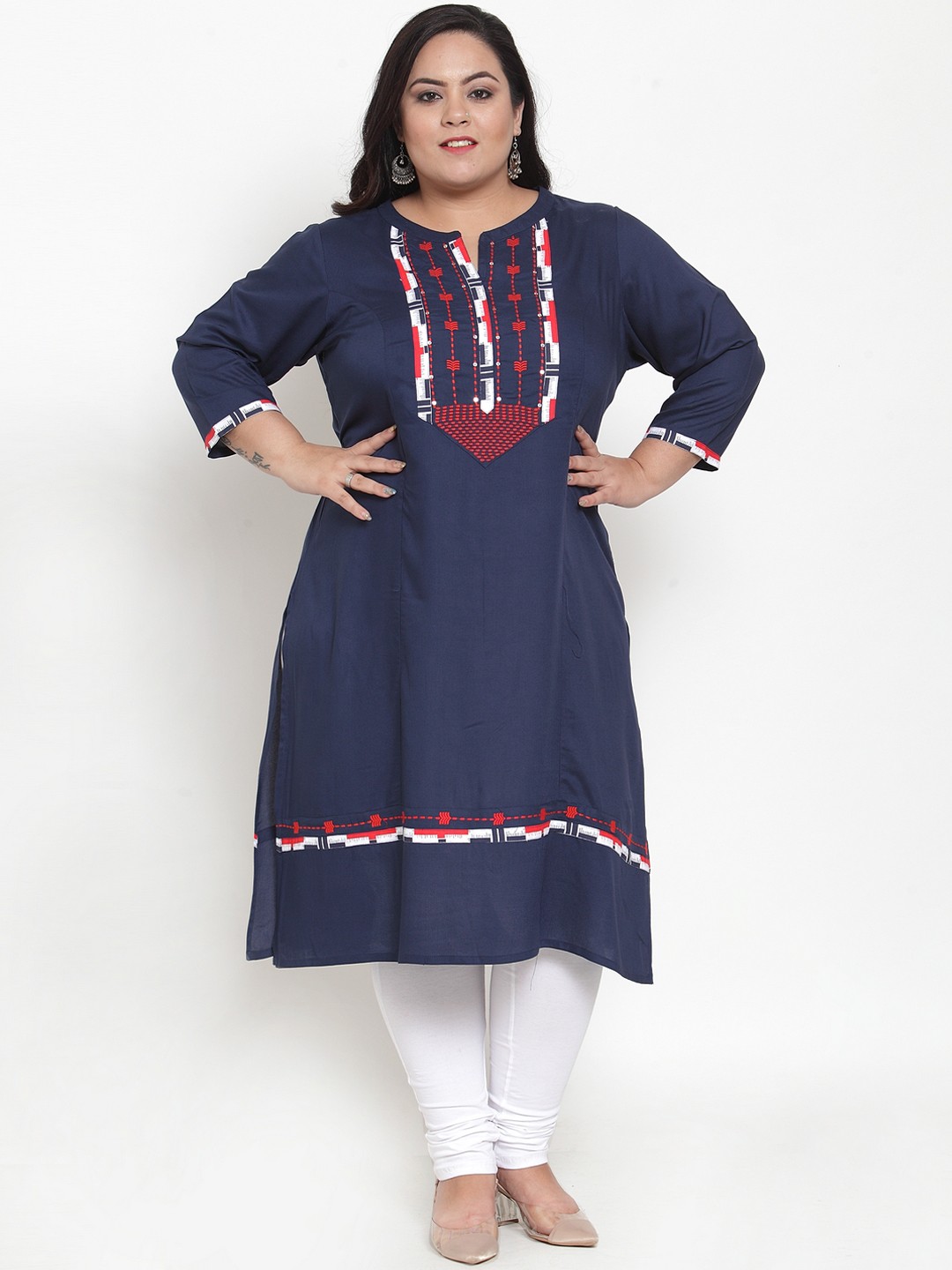 plusS Women Navy Blue & Red Yoke Design Straight Kurta