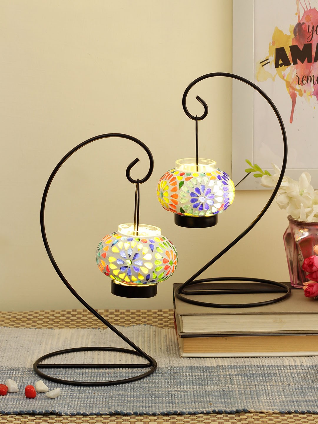 

TIED RIBBONS Set of 2 White & Black Tealight Candle Holder With Metal Frame
