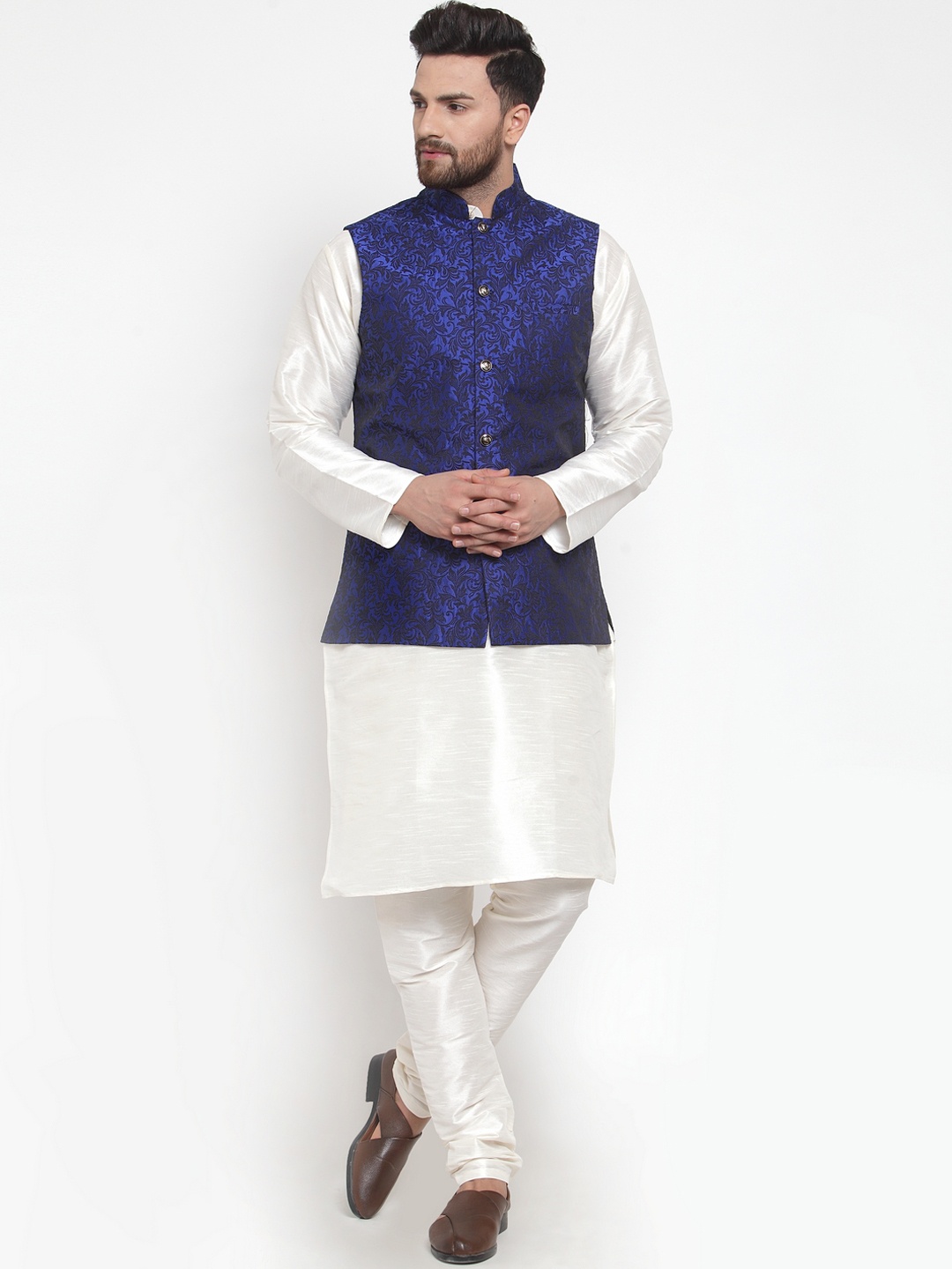 Jompers Men White & Blue Solid Kurta with Churidar And Nehru Jacket