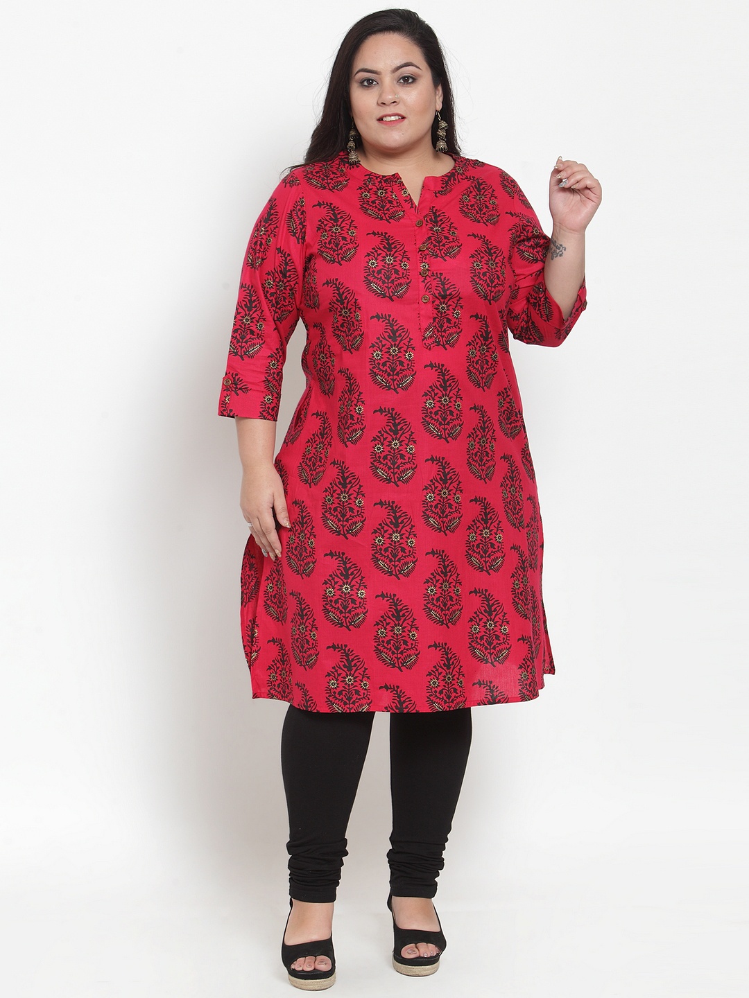 

plusS Women Red & Black Printed Straight Kurta