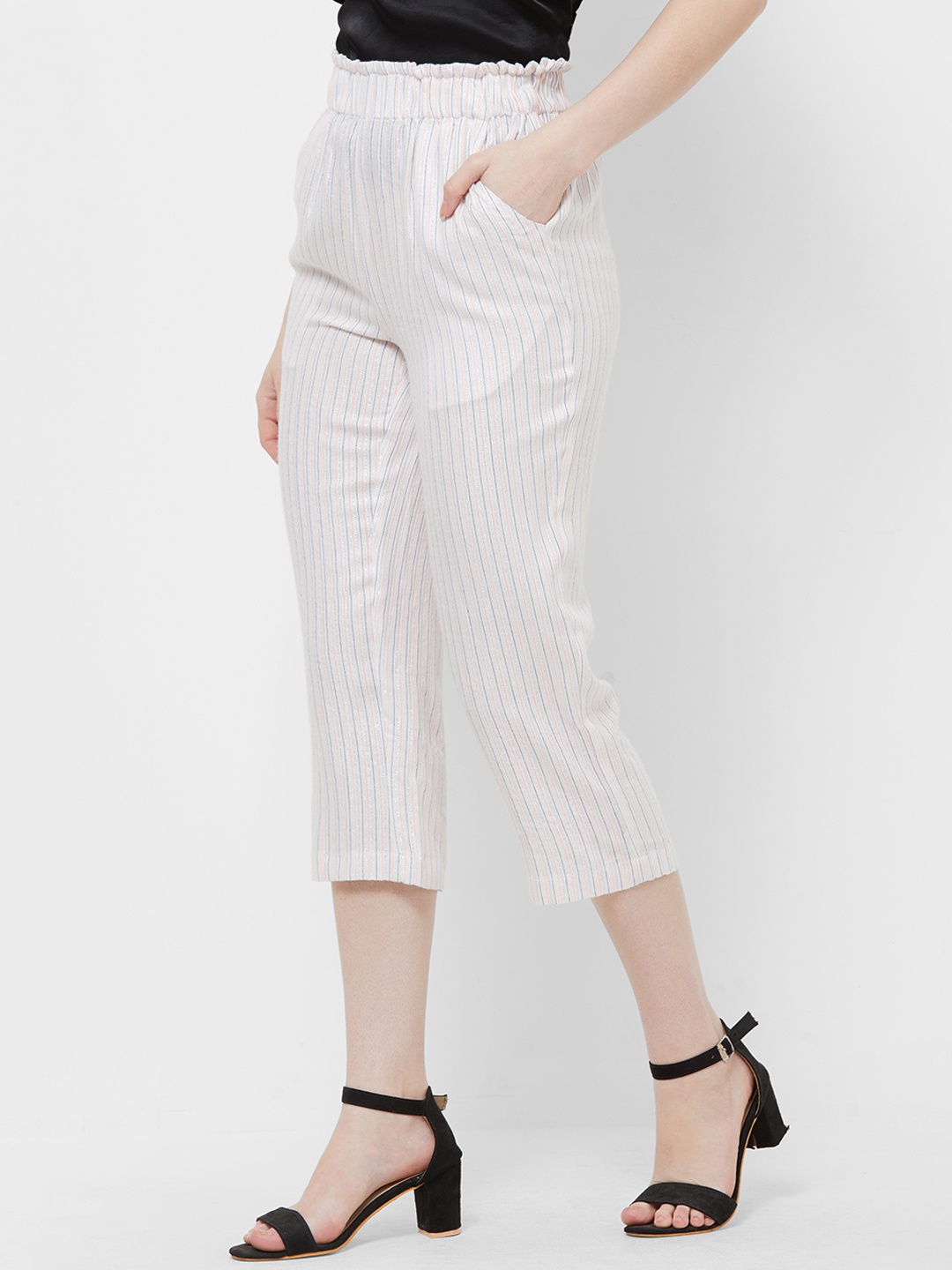 

MISH Women Off-White Comfort Regular Fit Striped Cigarette Trousers