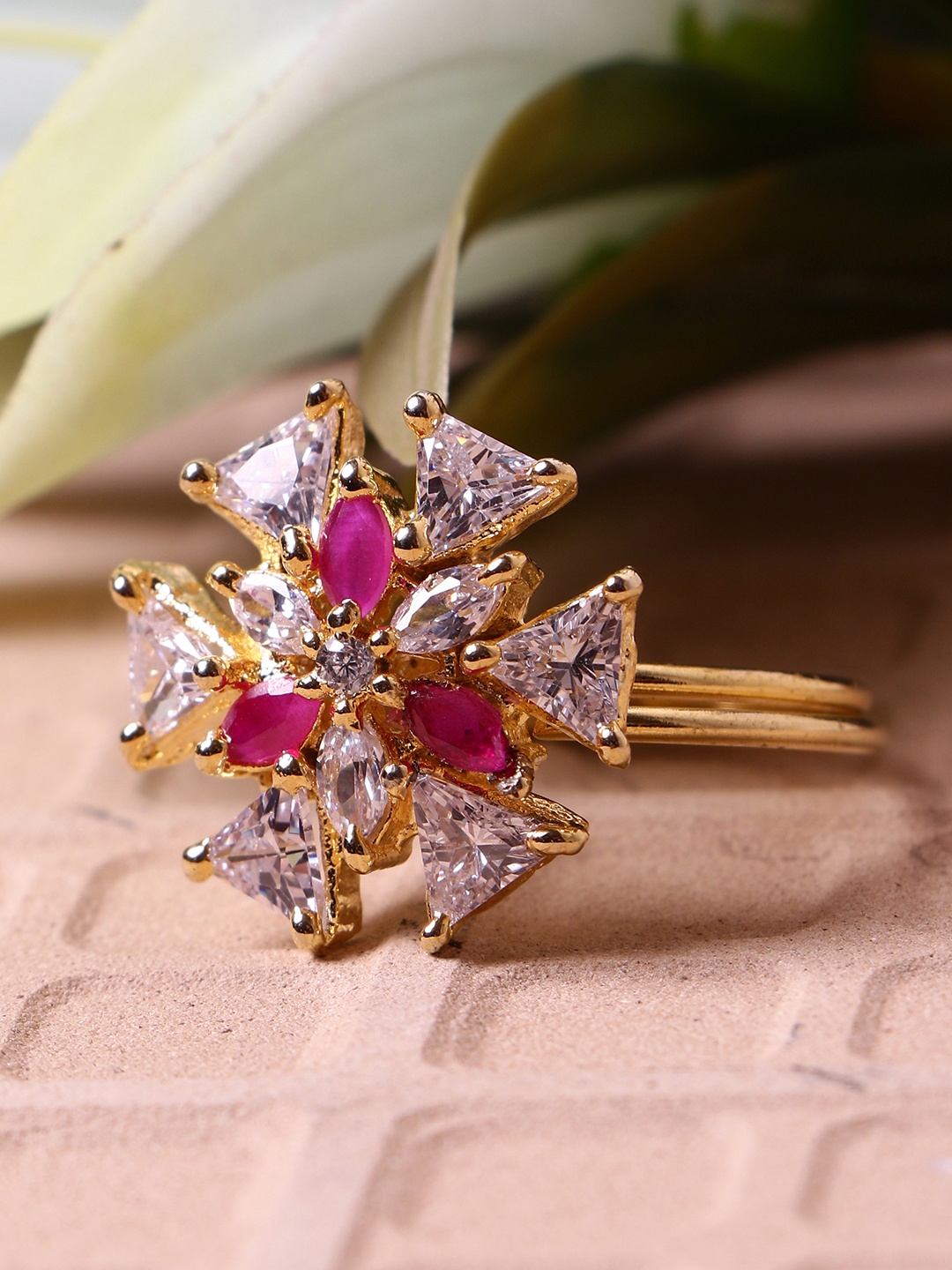 

Bhana Fashion Gold-Plated & Magenta AD-Studded Handcrafted Finger Ring