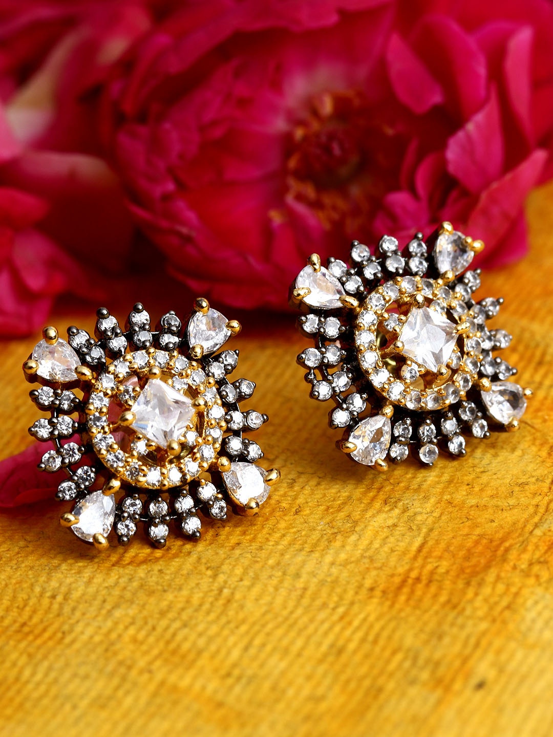 

Bhana Fashion White & Gold-Toned American Diamond Rhodium Plated Diamond Shaped Studs