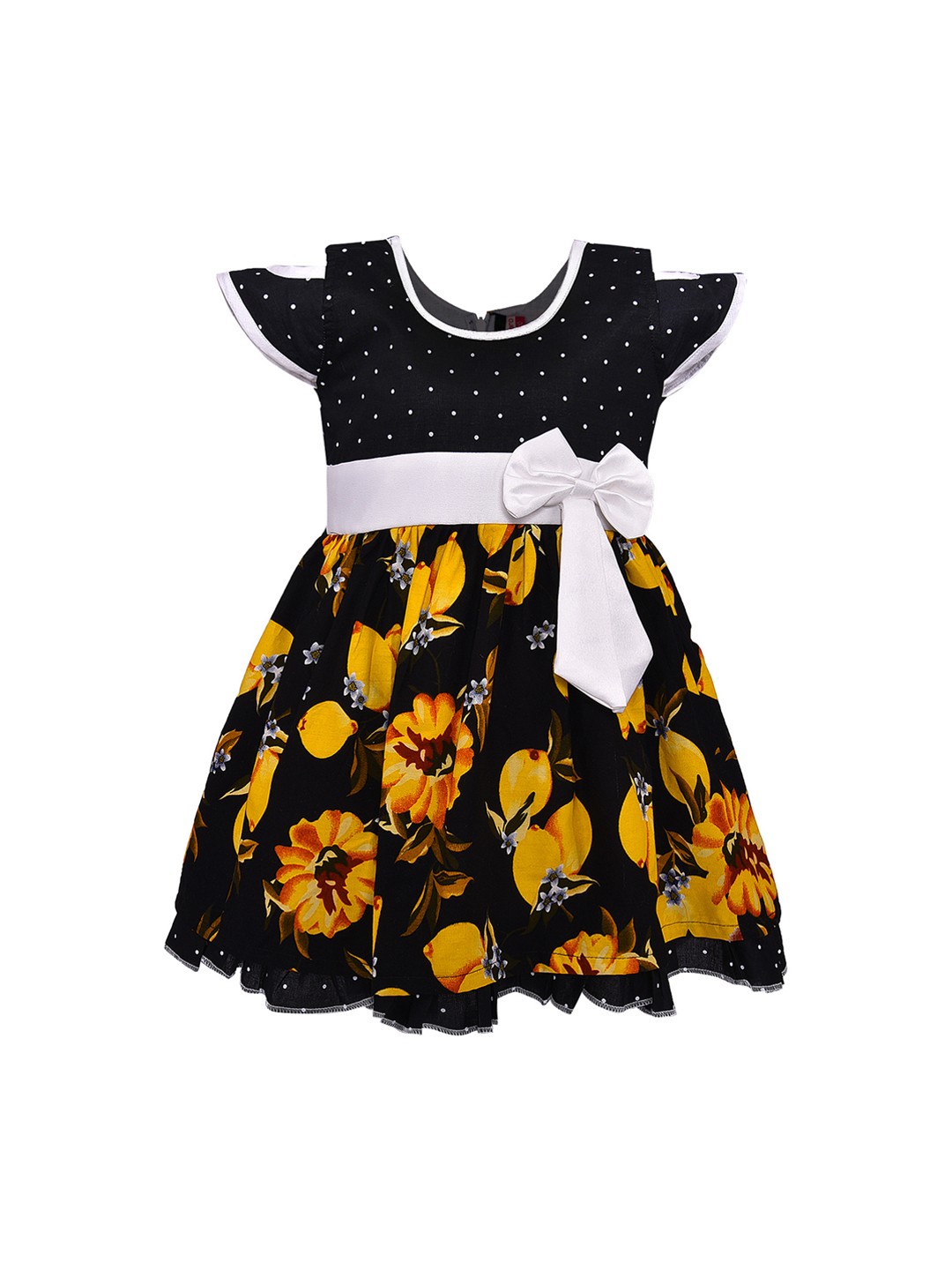 

Wish Karo Girls Navy Blue & Yellow Floral Print Fit and Flare Dress