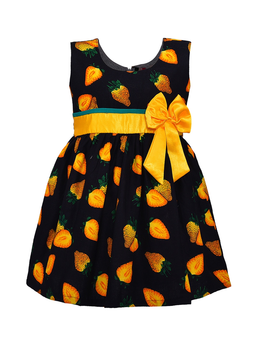 Wish Karo Girls Black & Yellow Quirky Printed Fit and Flare Dress