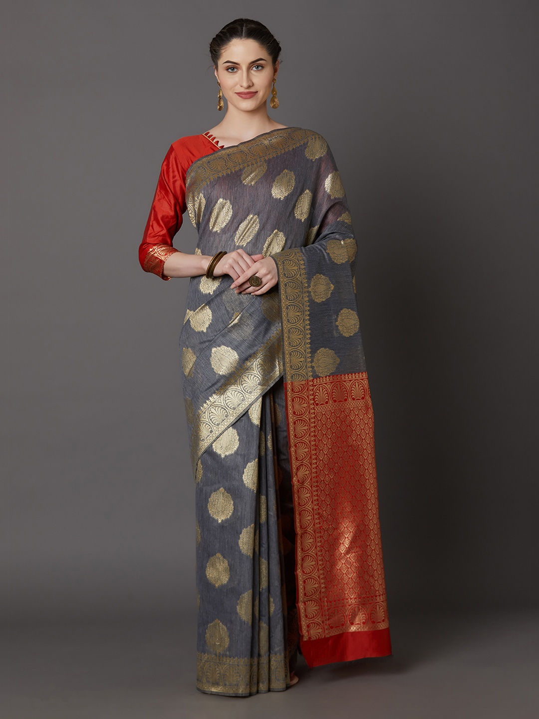 Mitera Grey & Gold-Toned Silk Blend Woven Design Kanjeevaram Saree