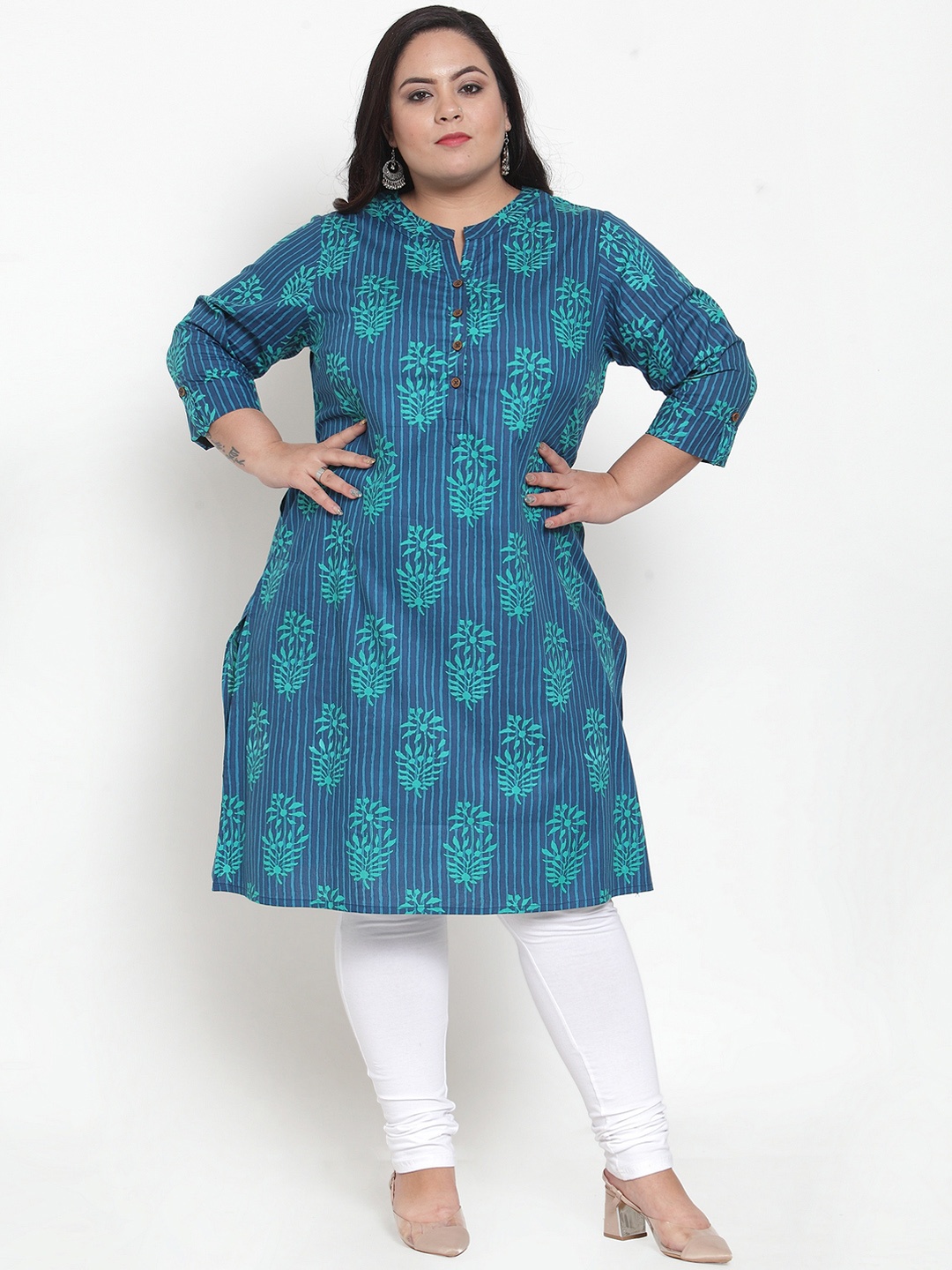 

plusS Women Blue & Sea Green Printed Straight Kurta