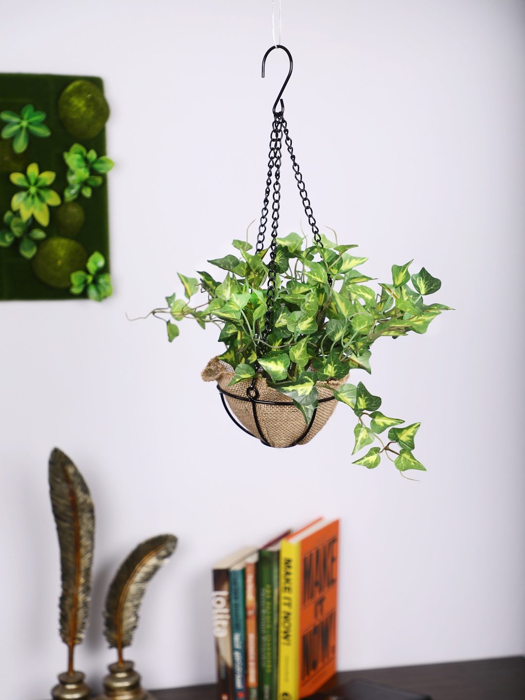 

PolliNation Green Yellow Hanging Artificial Ivy Creeper With Metal Pot