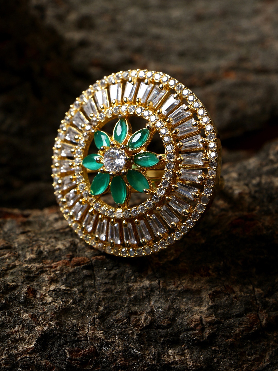 

Bhana Fashion Gold-Plated & Green AD-Studded Handcrafted Finger Ring