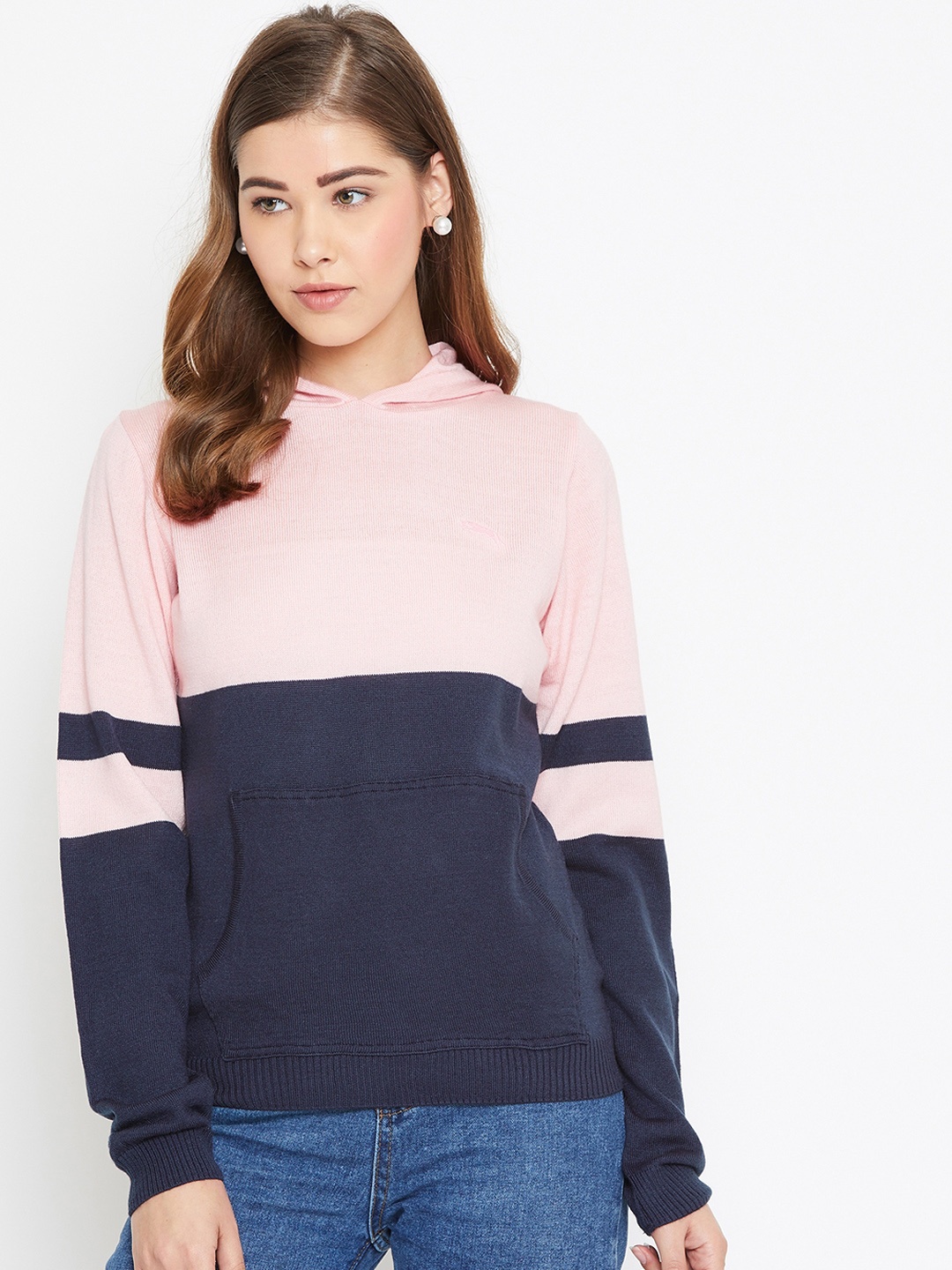 

JUMP USA Women Pink & Navy Blue Colourblocked Hooded Pullover Sweater