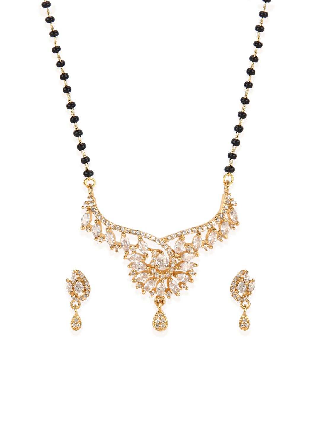 Bhana Fashion Gold-Plated & Black Beaded AD-Studded Mangalsutra With Earrings