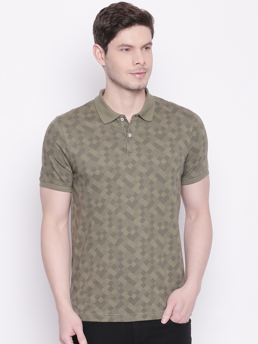 

BYFORD by Pantaloons Men Olive Green Self Design Polo Collar T-shirt