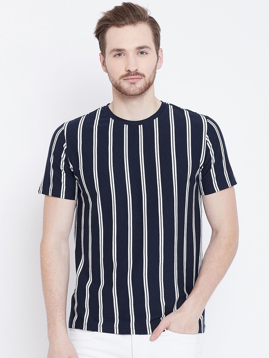 

LE BOURGEOIS Men Navy Blue Striped Round Neck Pure Cotton T-shirt