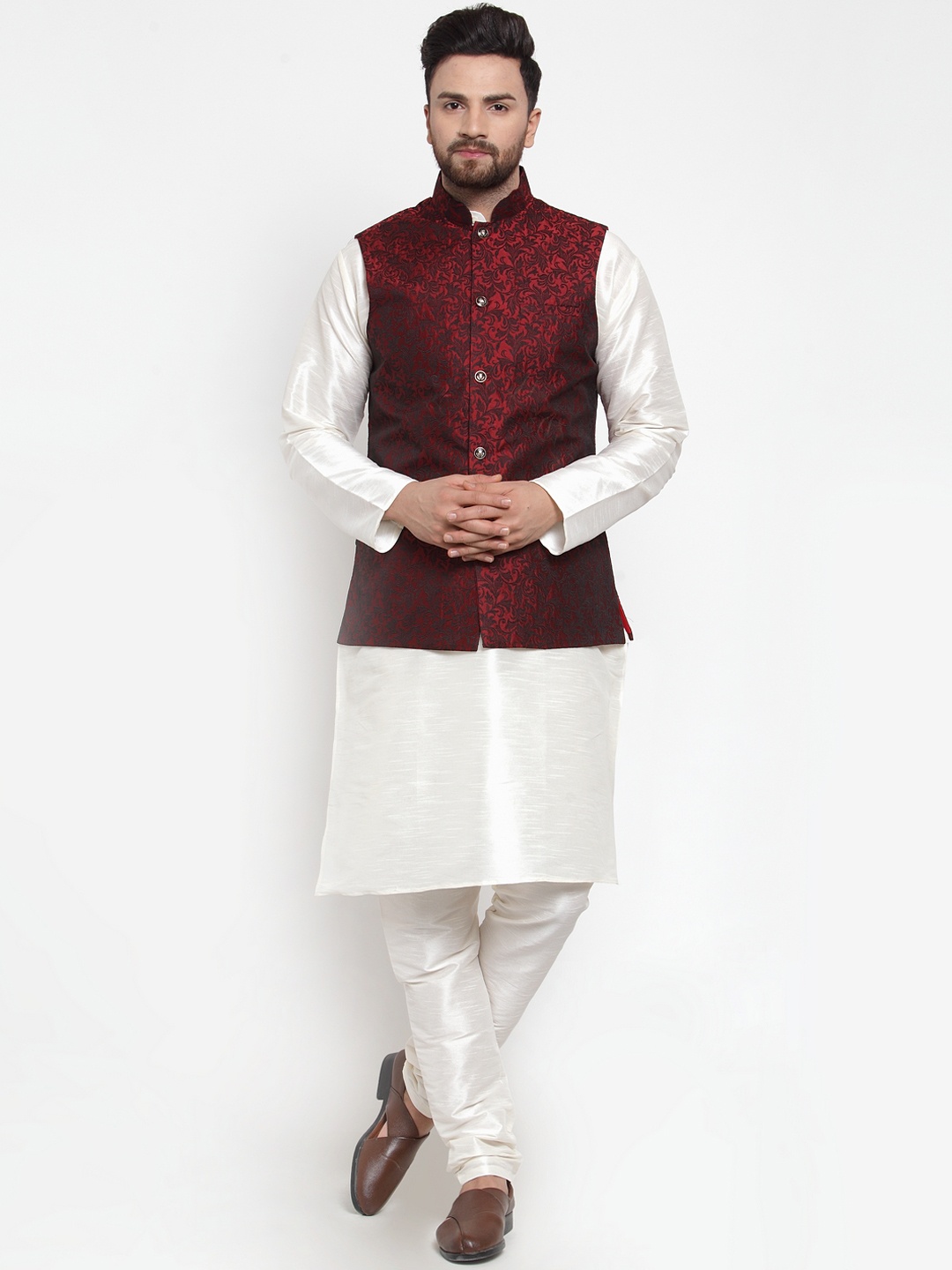 

Jompers Men White & Maroon Solid Kurta with Churidar And Nehru Jacket