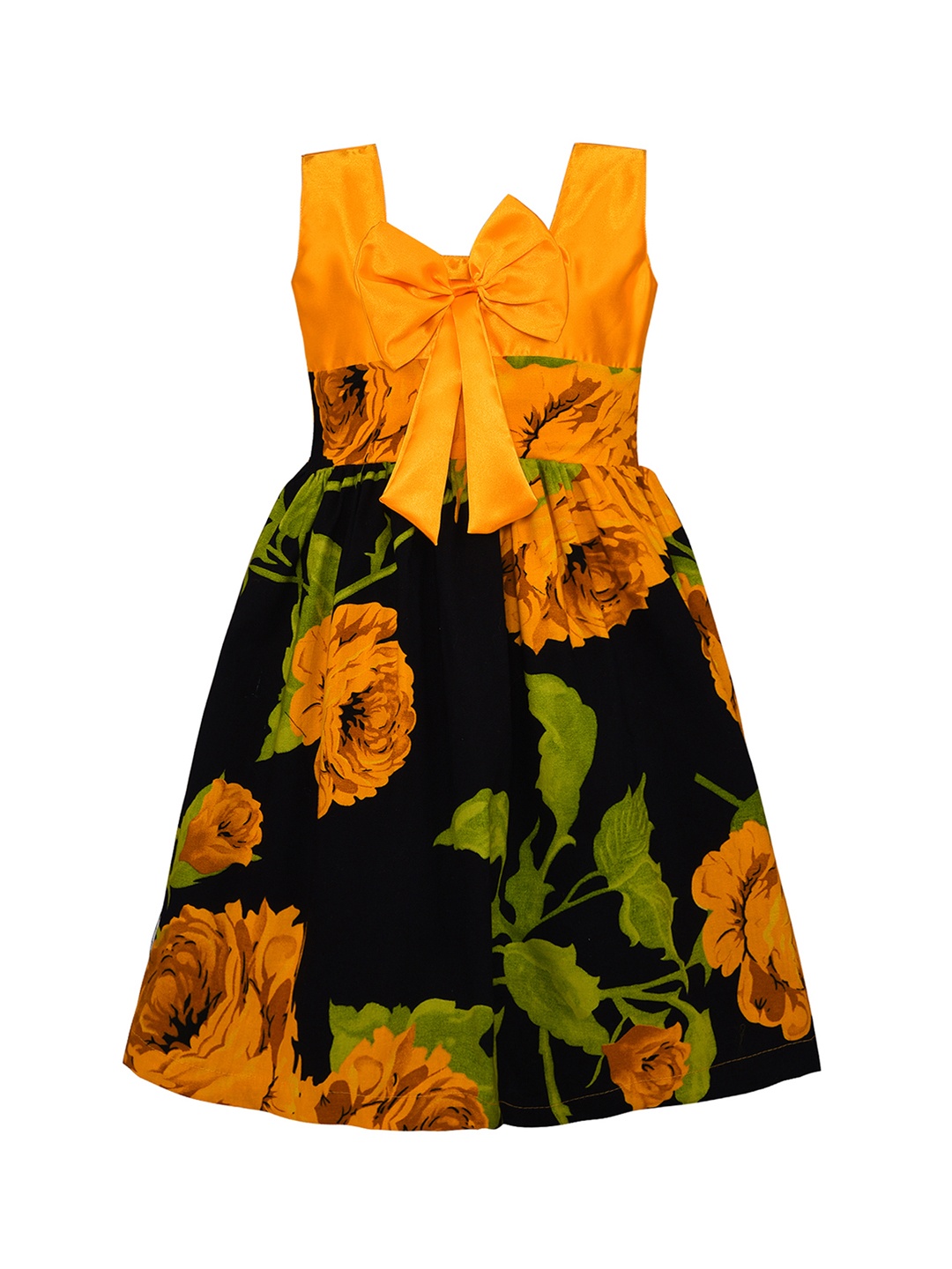 Wish Karo Girls Orange & Black Floral Printed Fit and Flare Dress