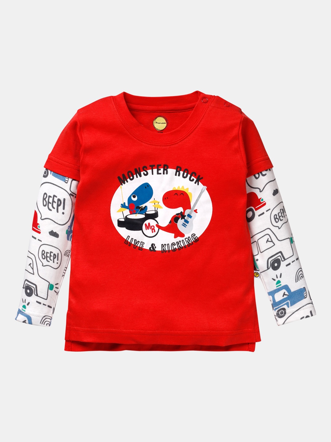 

Pranava Boys Red White Printed Round Neck Organic Cotton T-shirt