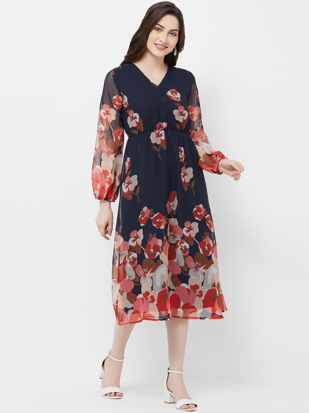 

MISH Women Navy Blue Floral Print Georgette Fit and Flare Dress
