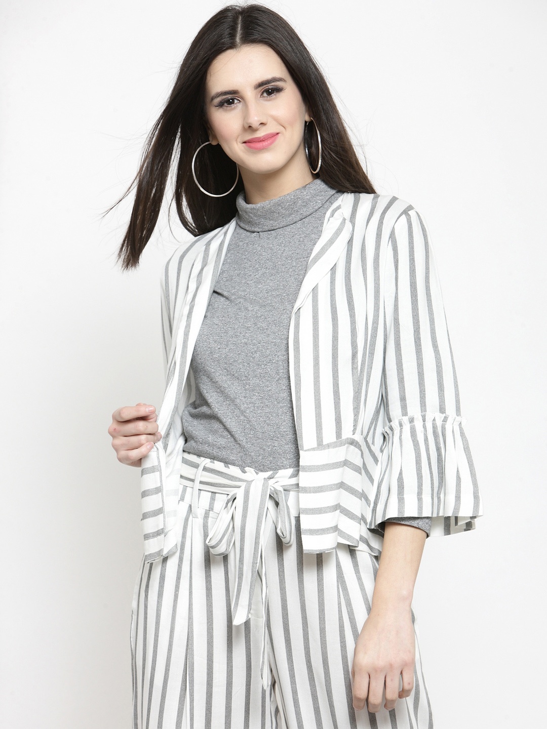 

Sera Women White & Grey Striped Open Front Jacket