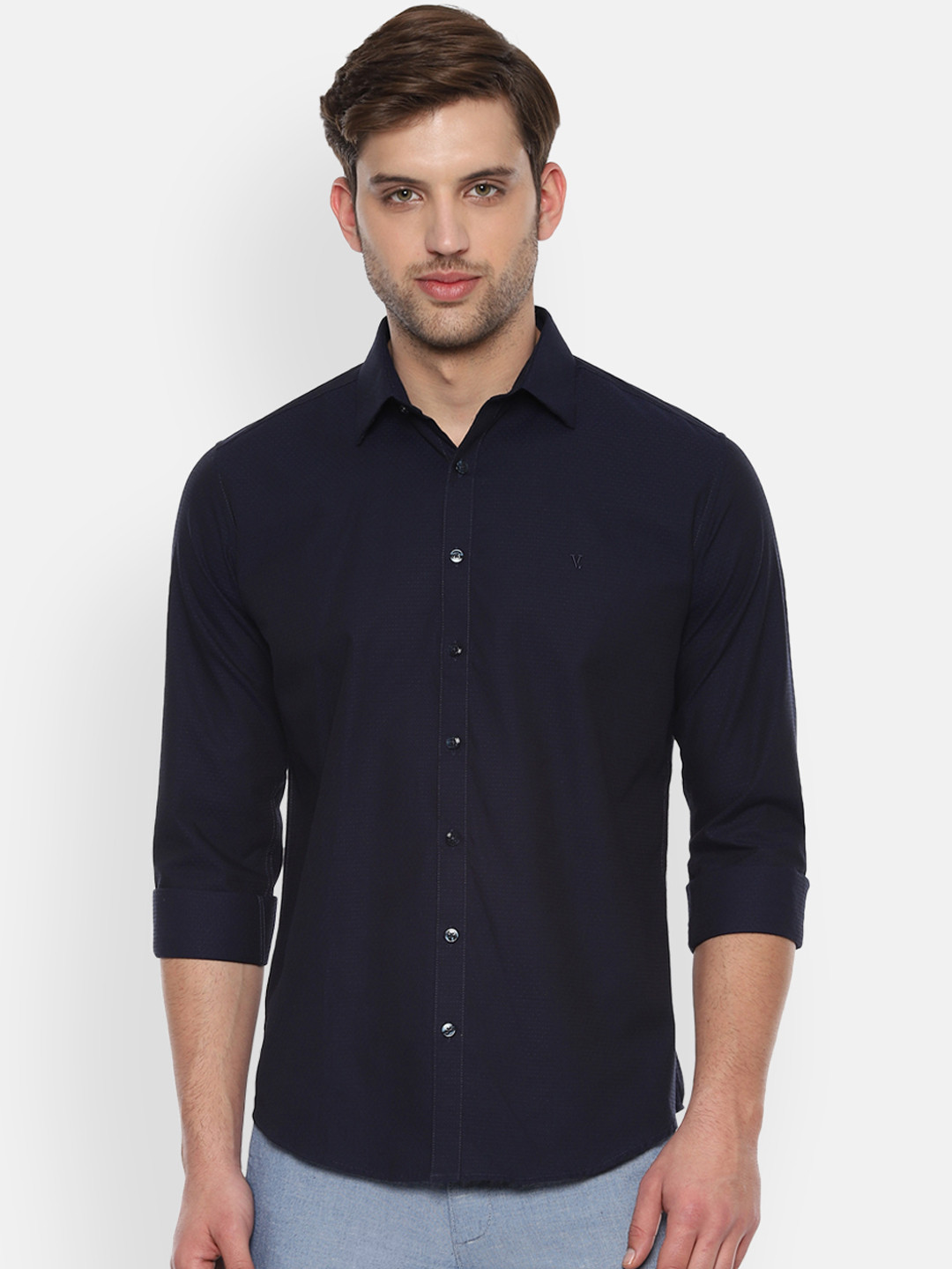 

V Dot Men Navy Blue Slim Fit Self Design Casual Shirt