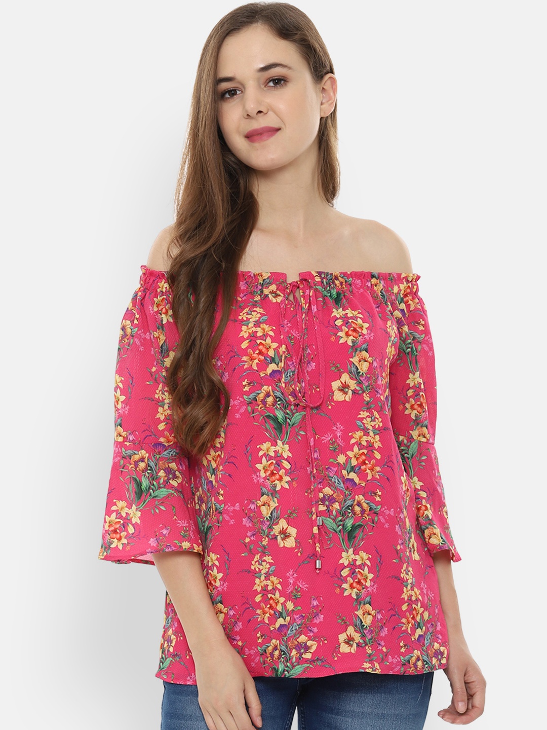 

Allen Solly Woman Pink & Yellow Printed Bardot Top