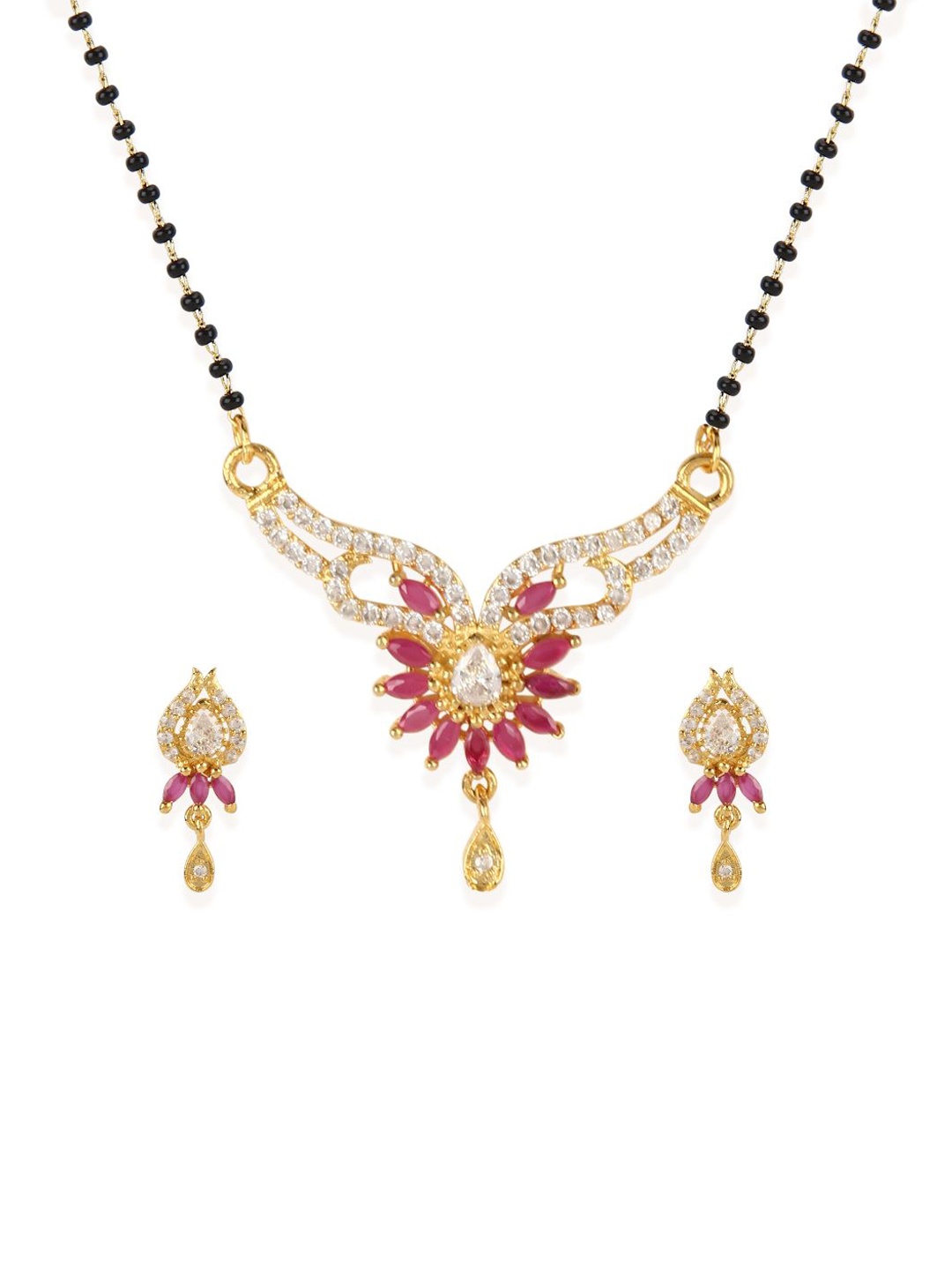 

Bhana Fashion Gold-Plated & Magenta Beaded AD-Studded Mangalsutra With Earrings