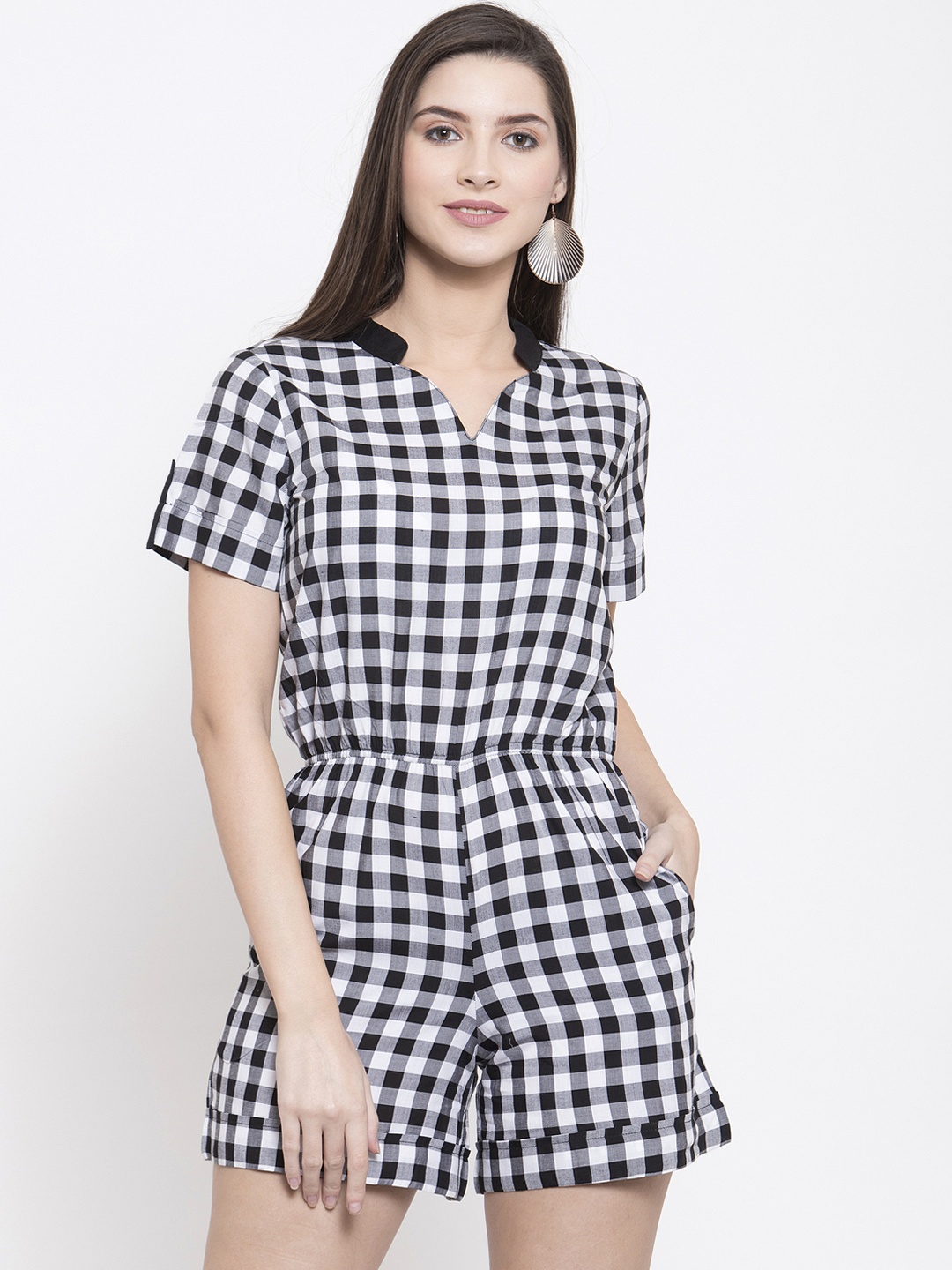 Purple State Women Black & White Checked Playsuit