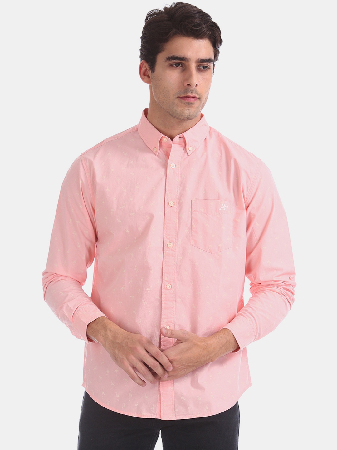 

Aeropostale Men Peach-Coloured Regular Fit Printed Casual Shirt