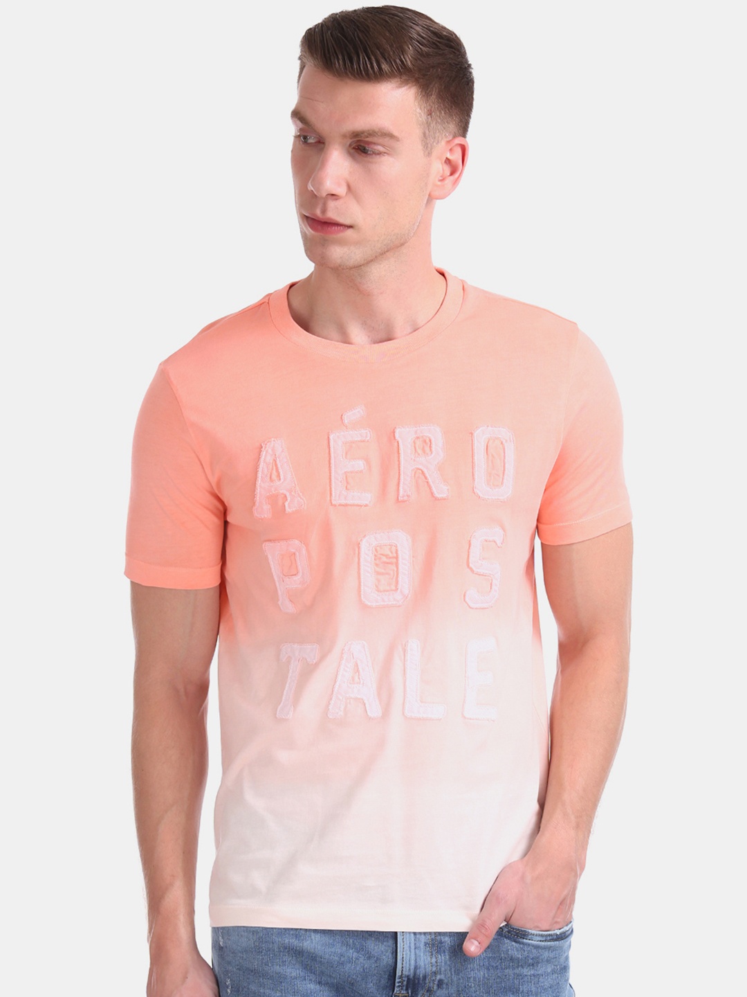 

Aeropostale Men Peach-Coloured Ombre Dyed Round Neck Pure Cotton T-shirt